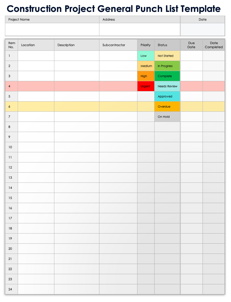 Construction Project General Punch List Template