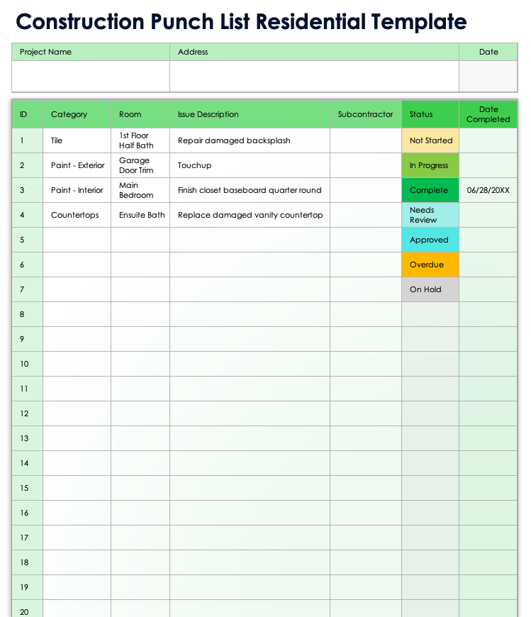 Construction Punch List Residential Template