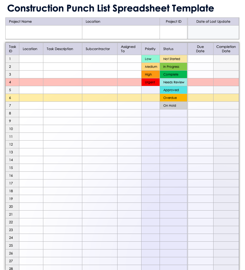 Construction Punch List Spreadsheet Template