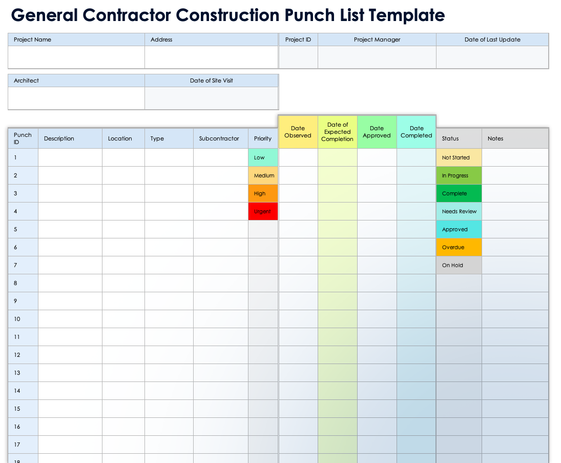 General Contractor Construction Punch List Template