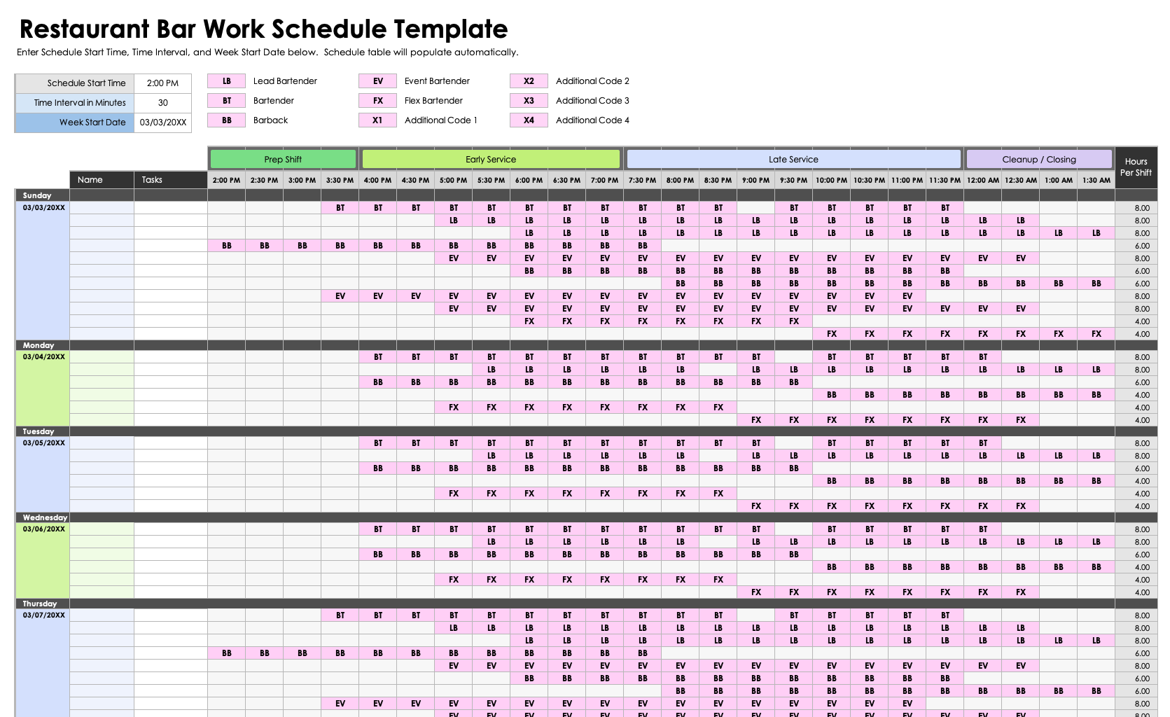 Restaurant Bar Work Schedule Template