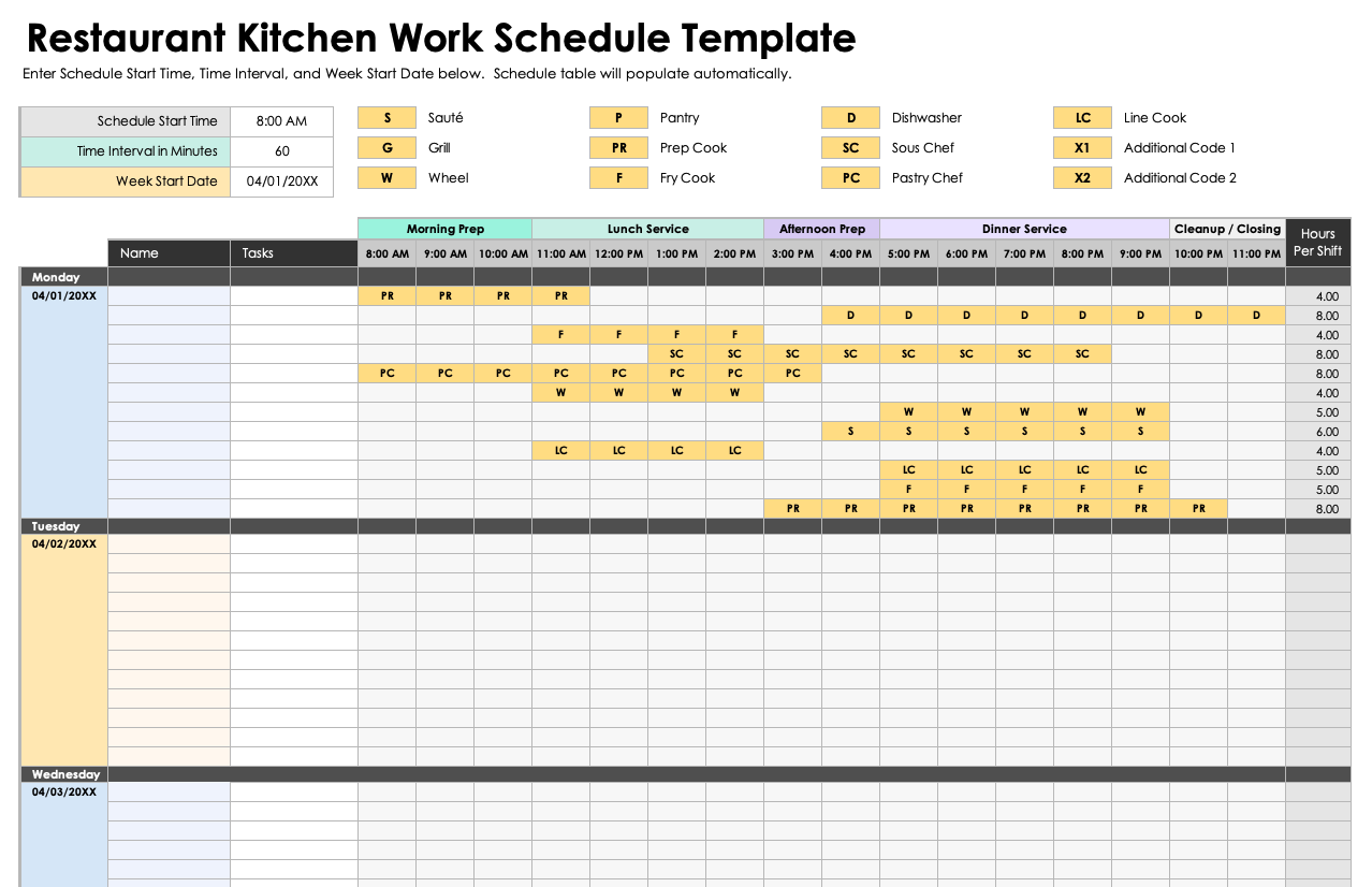 Restaurant Kitchen Work Schedule Template