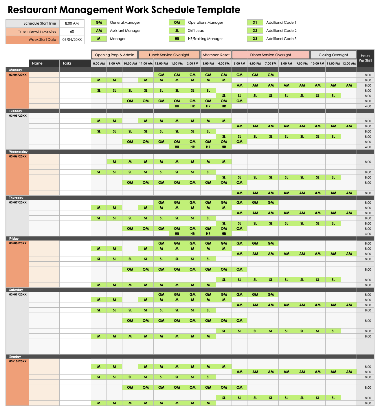 Restaurant Management Work Schedule Template