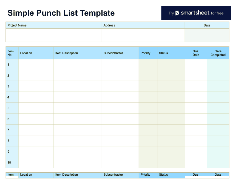 Simple Punch List Template Step 1