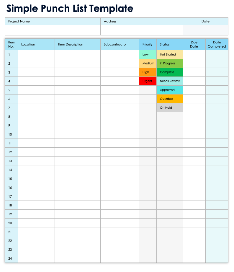 Simple Punch List Template
