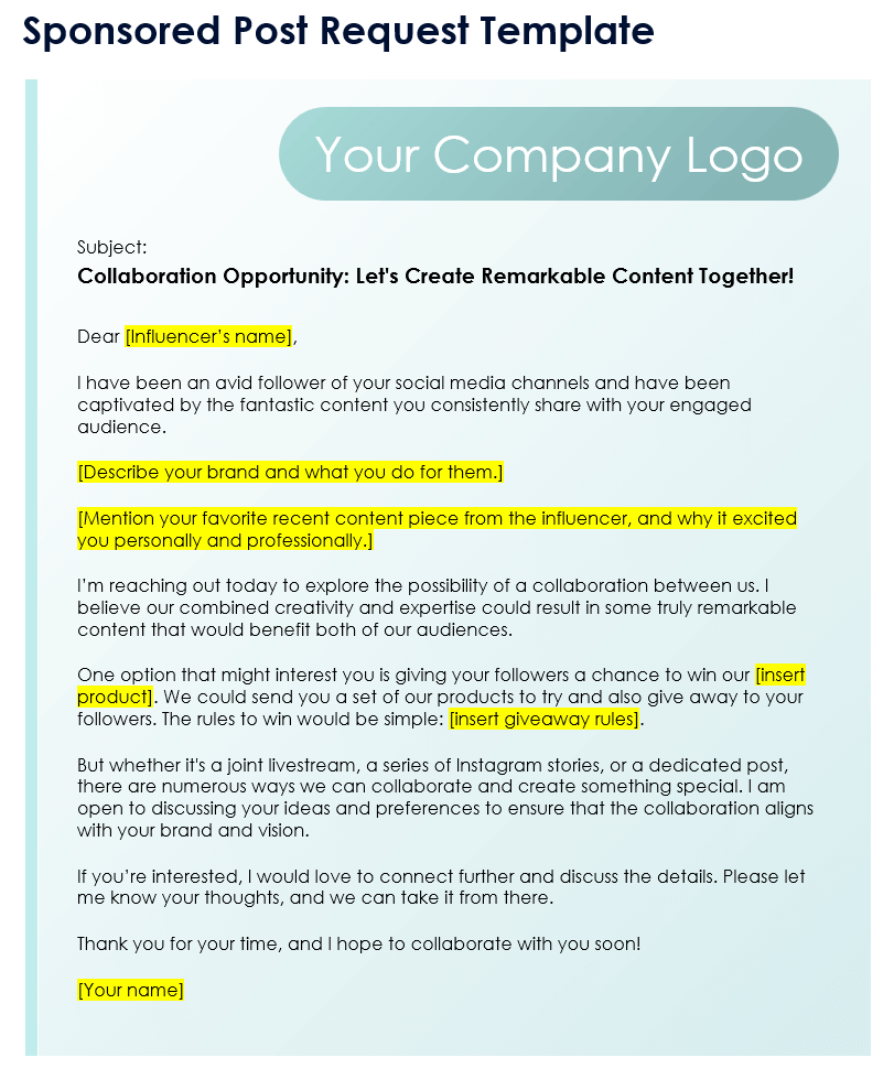 Sponsored Post Request Template