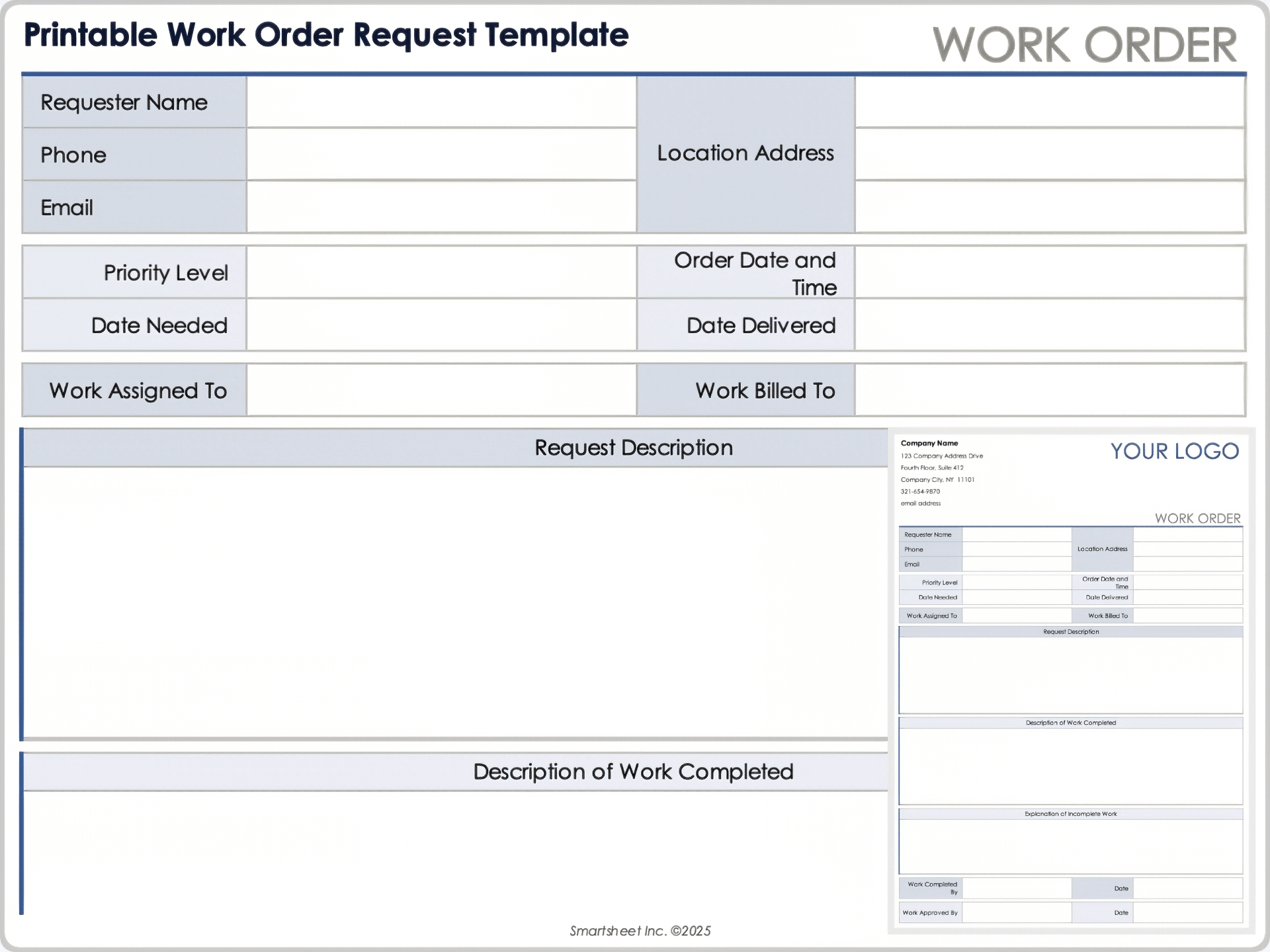 Printable Work Order Request Template