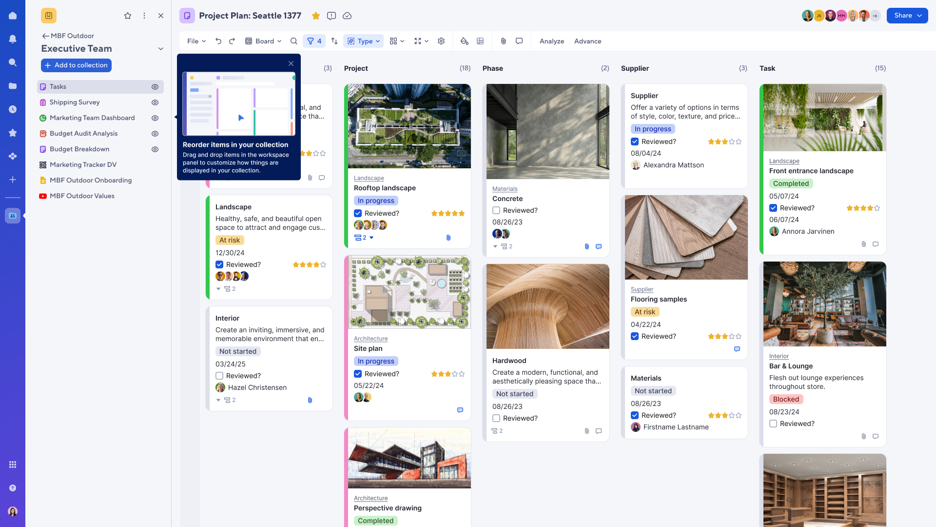 A project dashboard with a dark background shows performance metrics including sales, budget, percentage, and a count. A bar chart illustrates task statistics over time, and sections highlight upcoming projects and on-track progress. Below, a section titled "Q4 Products" displays images of outdoor equipment. A dropdown menu is open, indicating access level options for the dashboard.