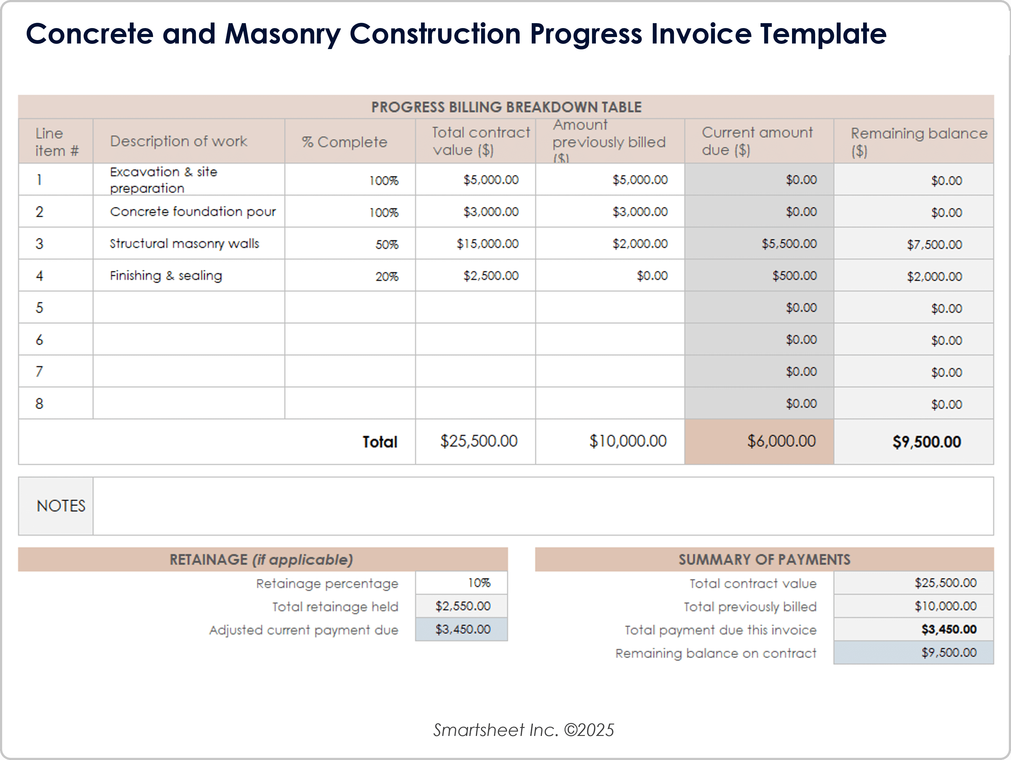 Concrete and Masonry Construction Progress Invoice Template