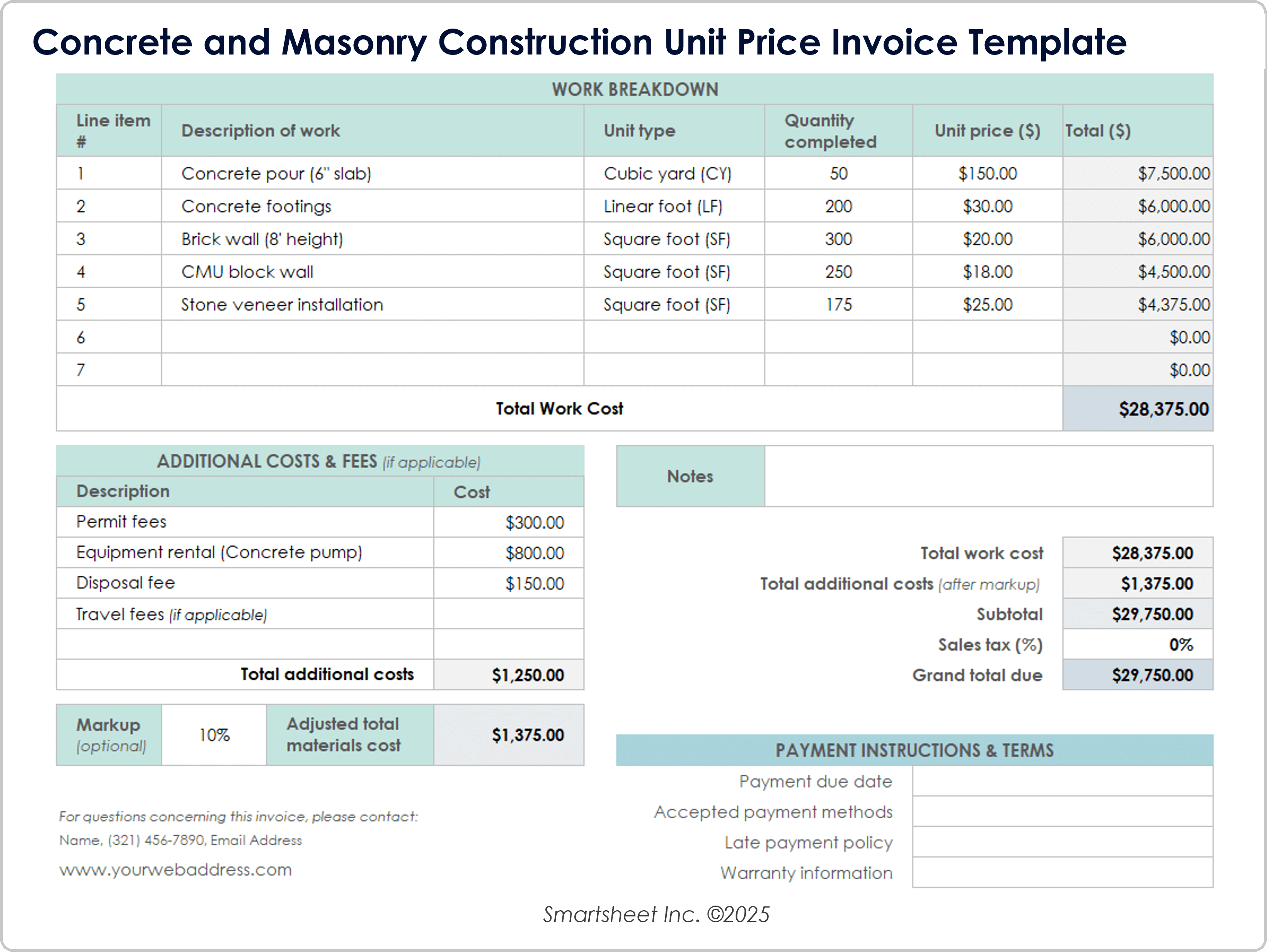 Concrete and Masonry Construction Unit Price Invoice Template