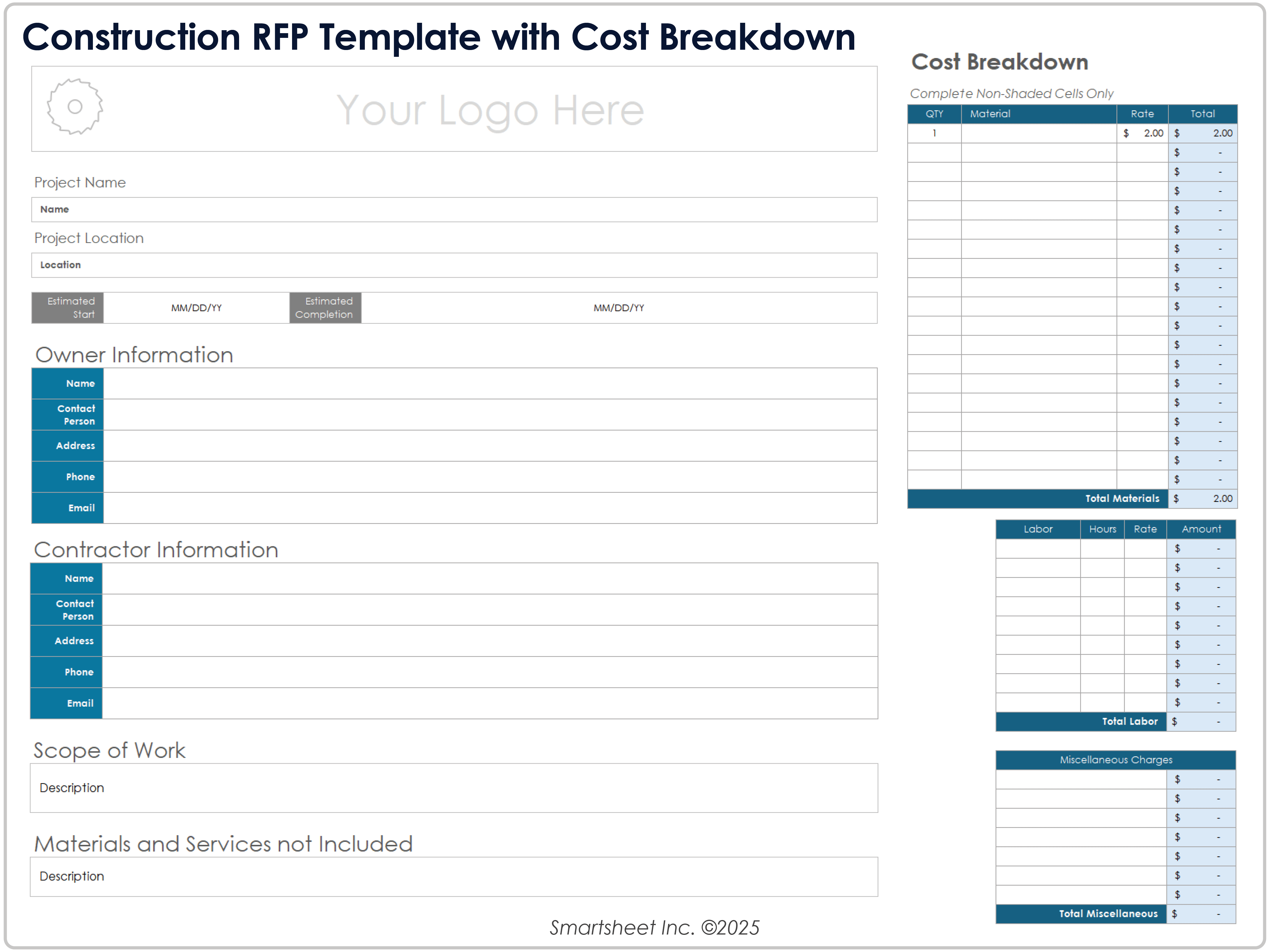 Construction RFP Template with Cost Breakdown