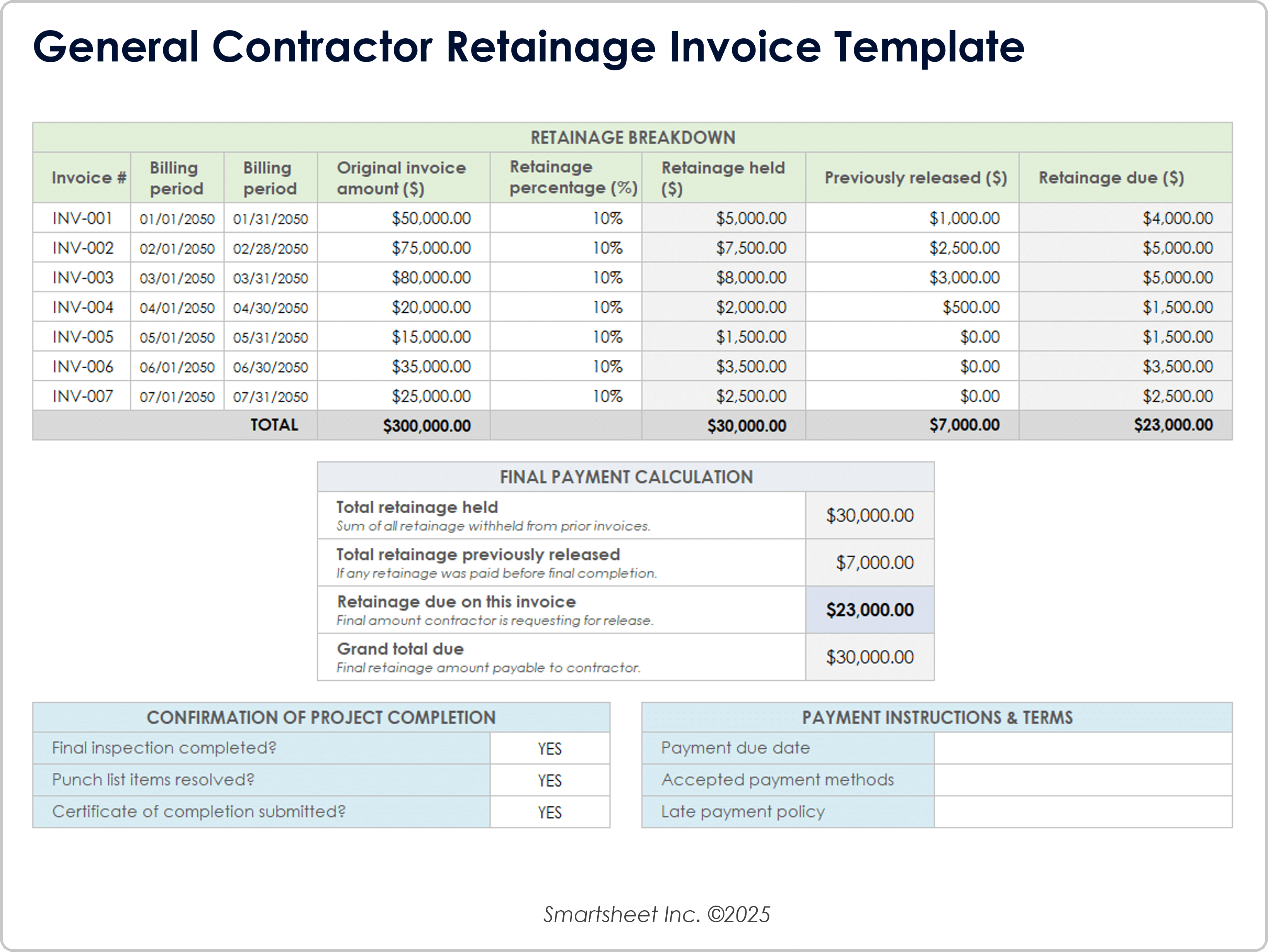 General Contractor Retainage Invoice Template