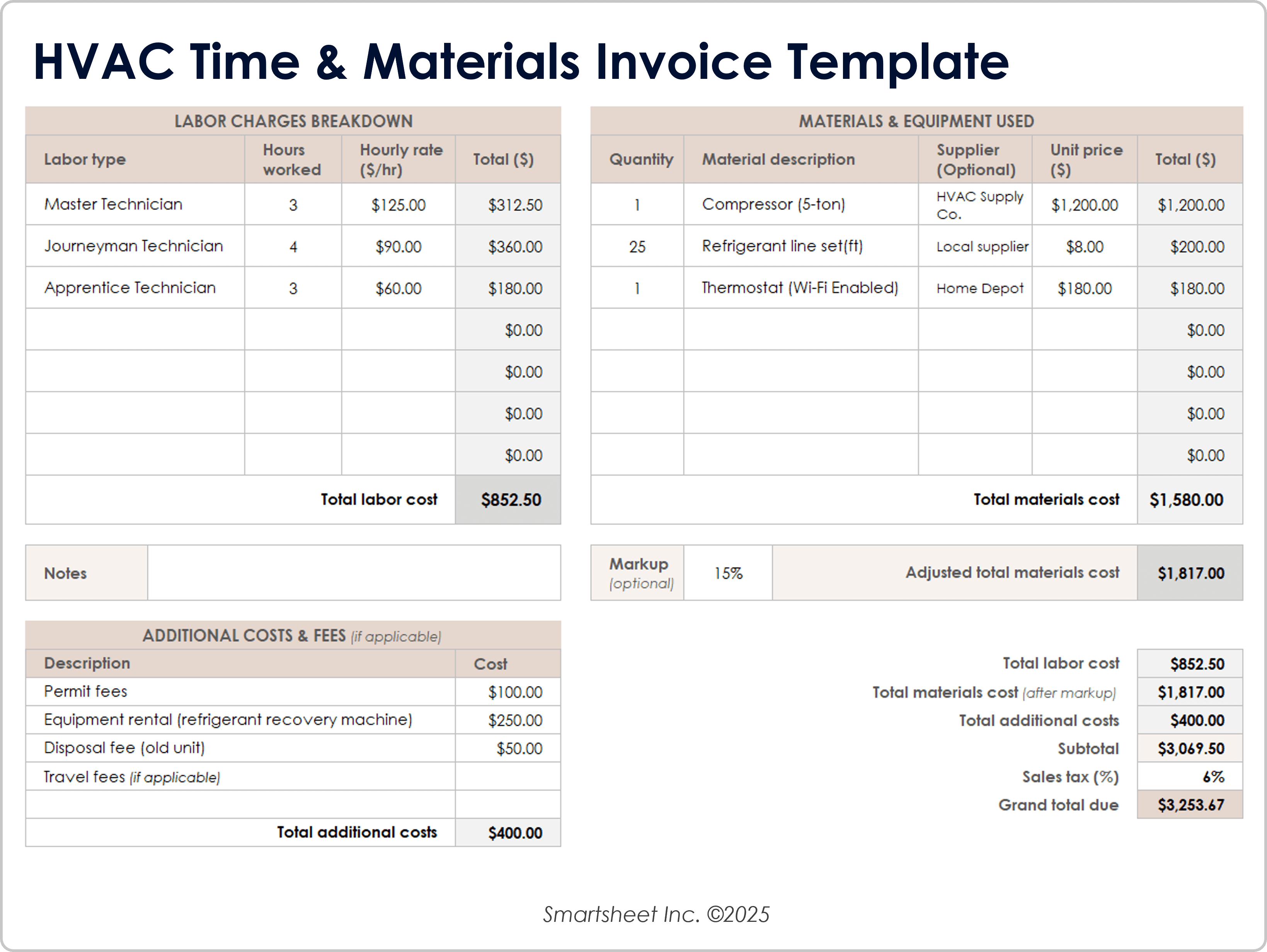 HVAC Time and Materials Invoice Template
