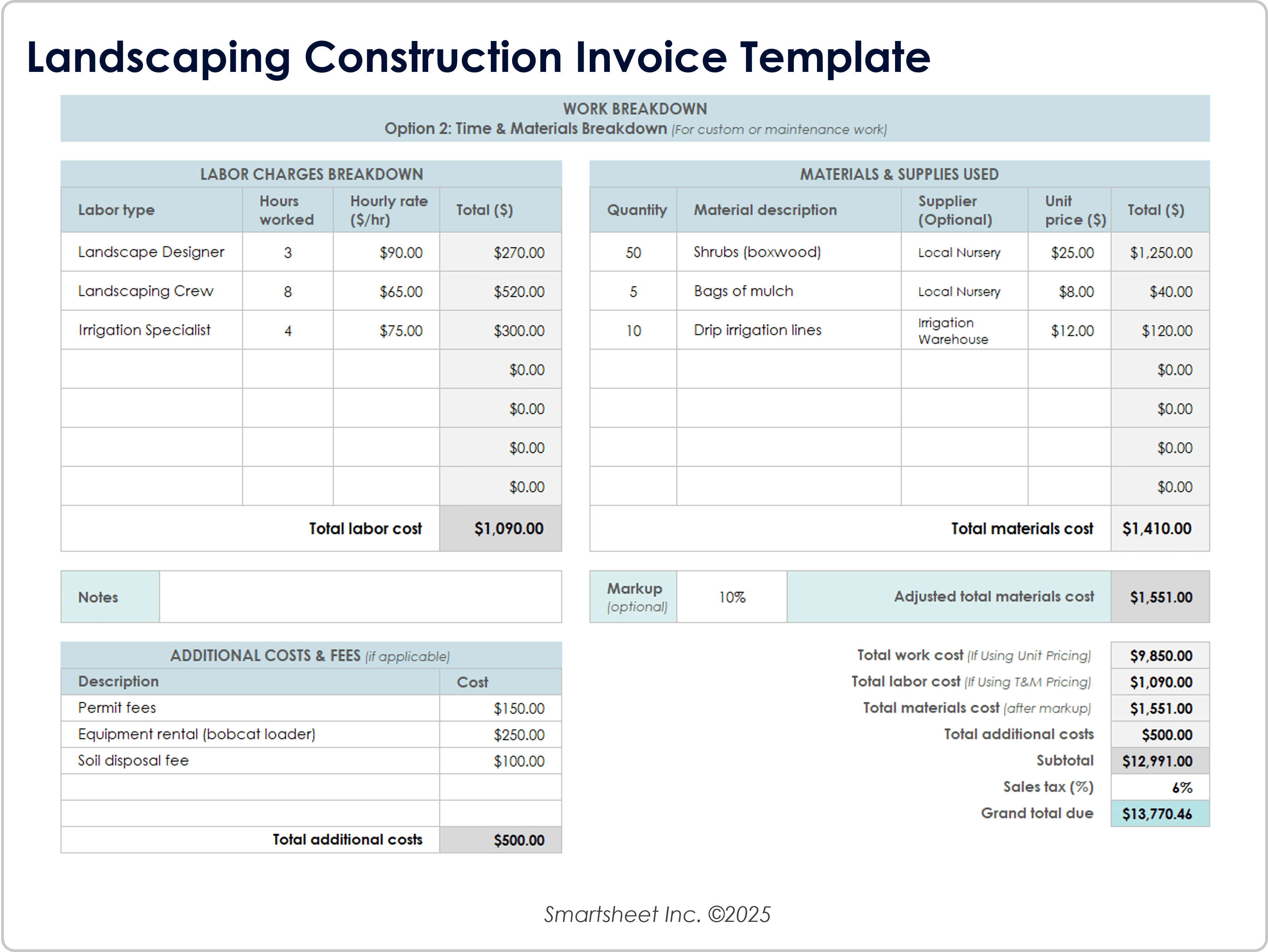 Landscaping Construction Invoice Template