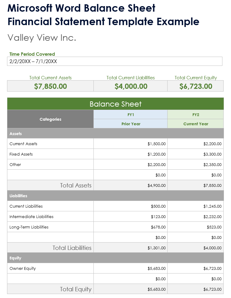 Microsoft Word Balance Sheet Financial Statement Template Example