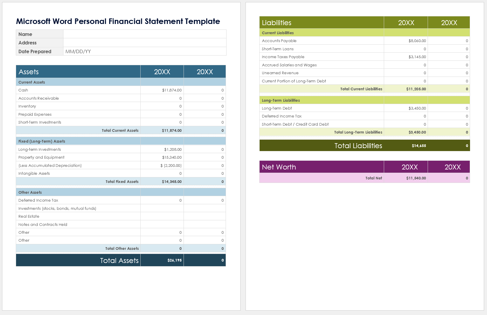 Microsoft Word Personal Financial Statement Template