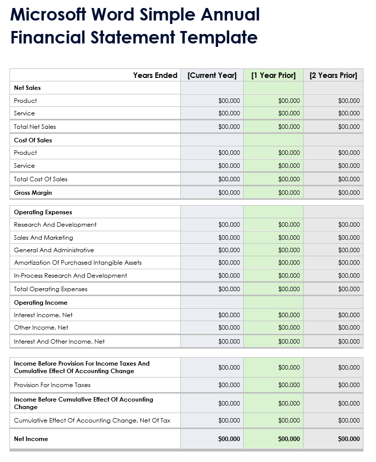 Microsoft Word Simple Annual Financial Statement Template