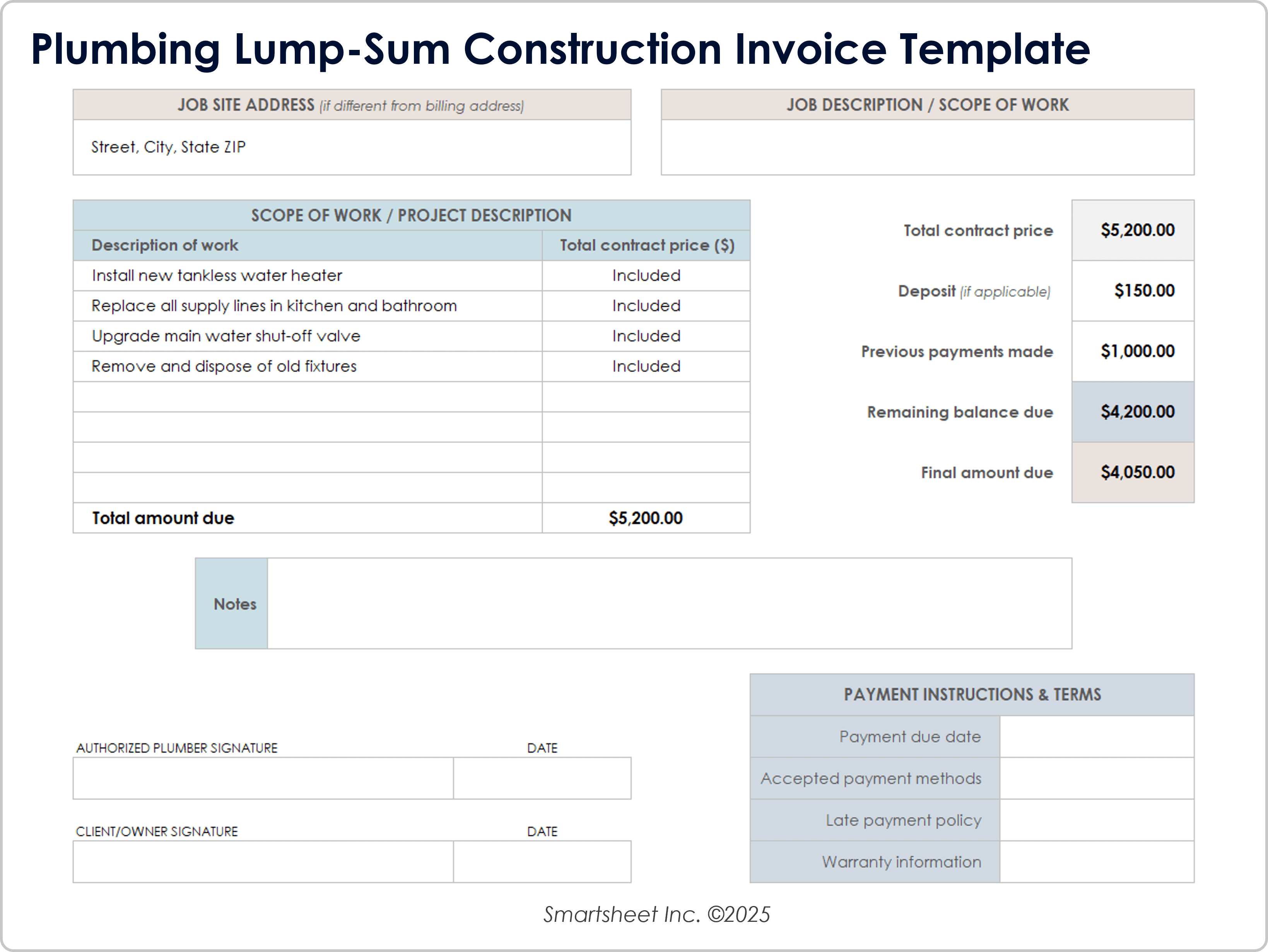 Plumbing Lump Sum Construction Invoice Template