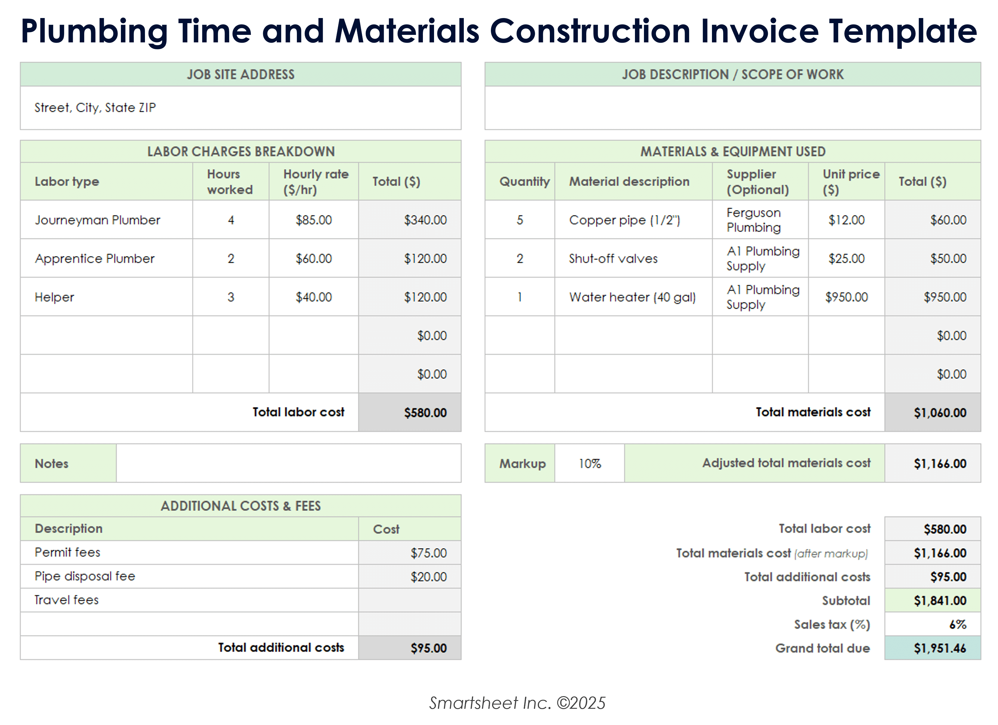 Plumbing Time and Materials Construction Invoice Template
