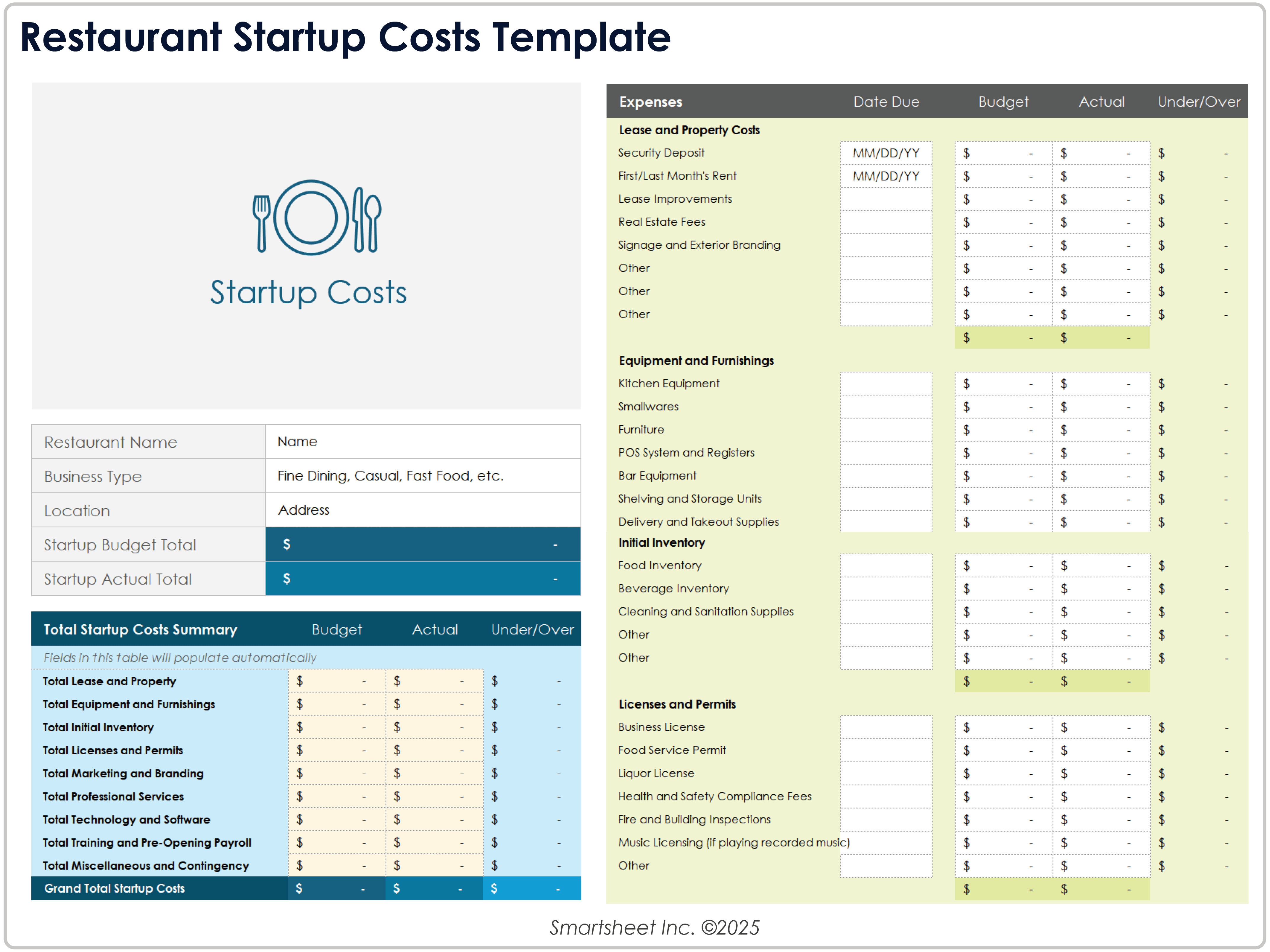 Restaurant Startup Costs Template