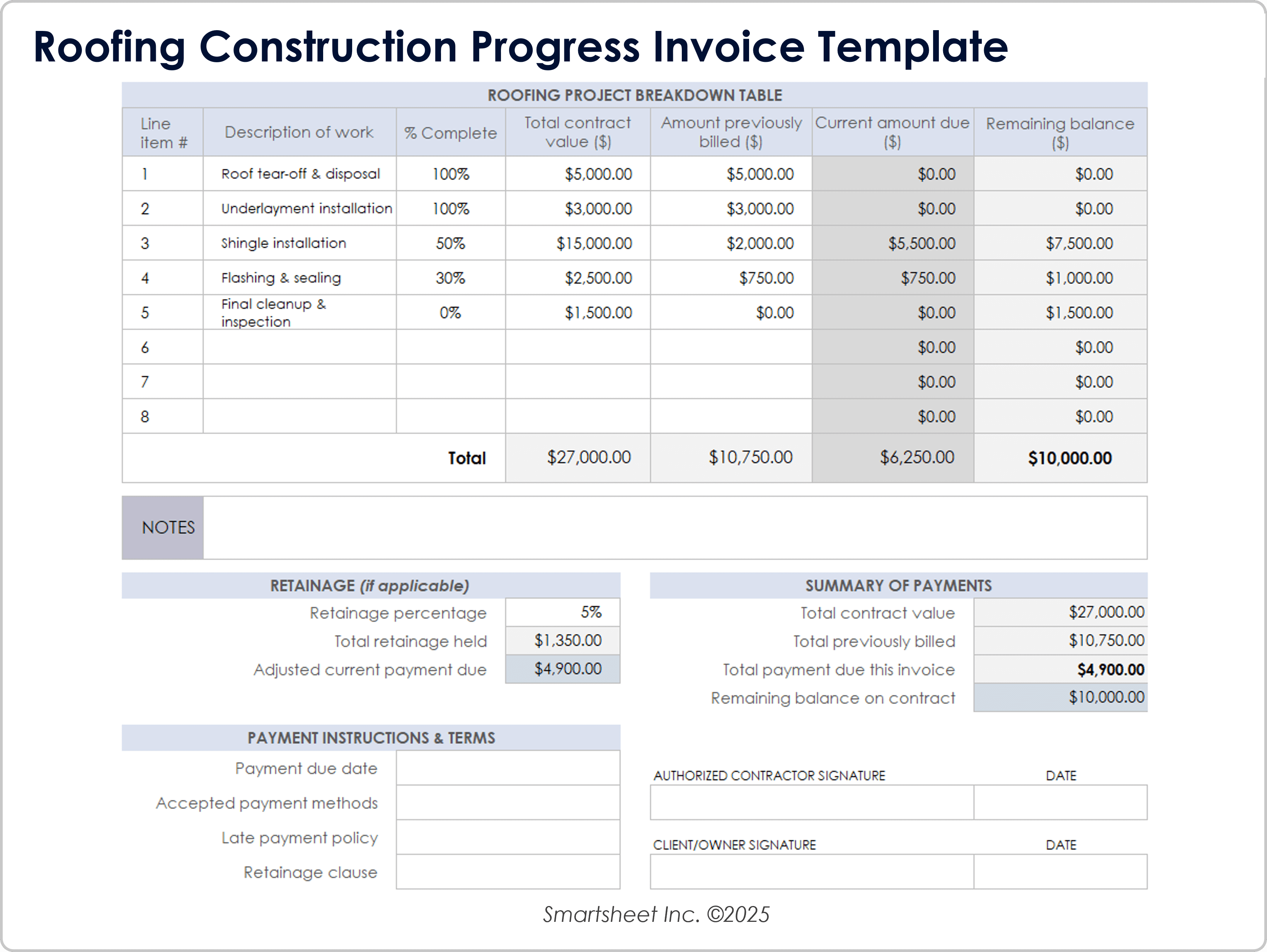 Roofing Construction Progress Invoice Template