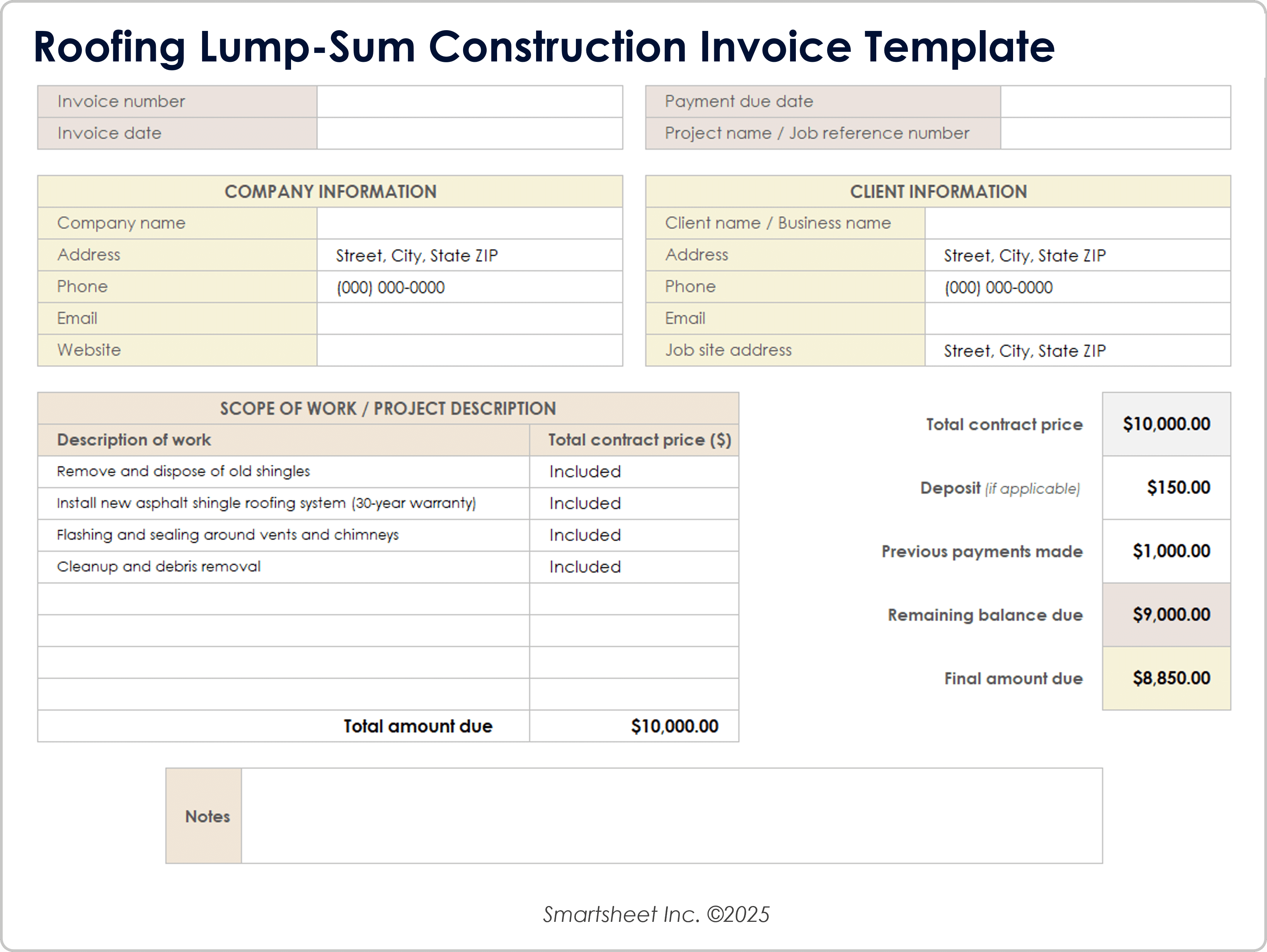Roofing Lump Sum Construction Invoice Template