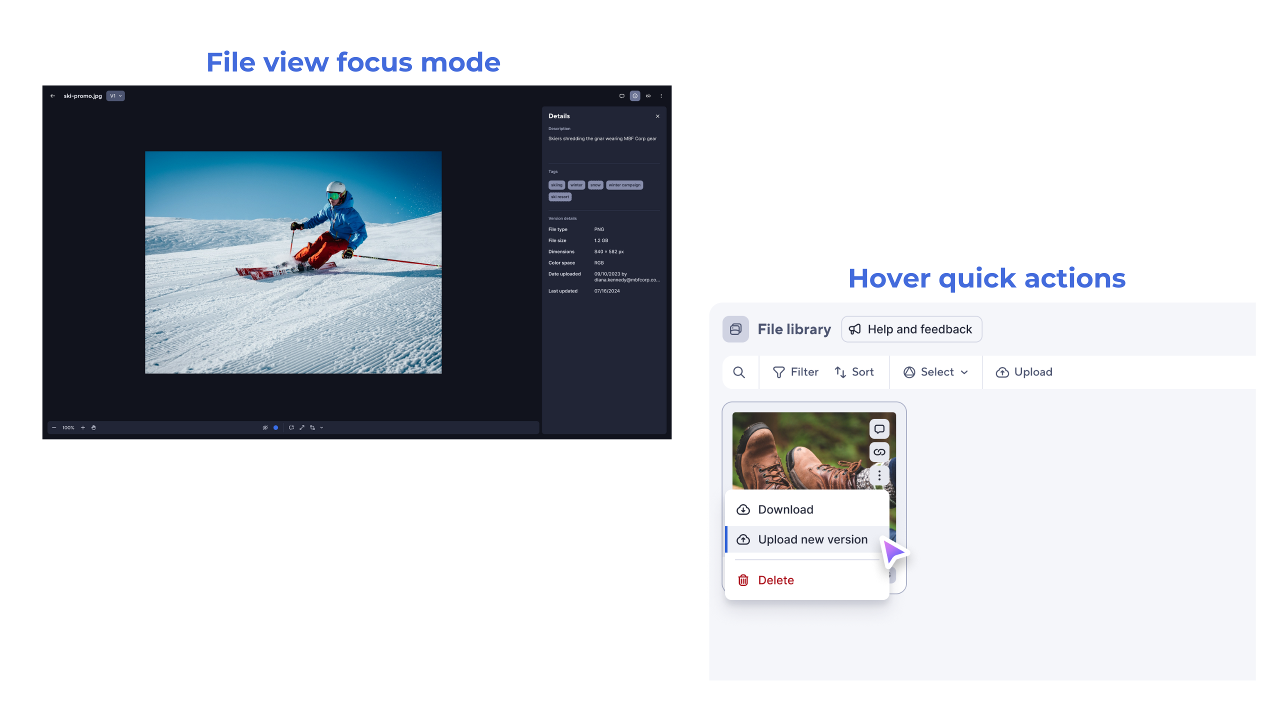 Focus mode and hover quick actions in File Library