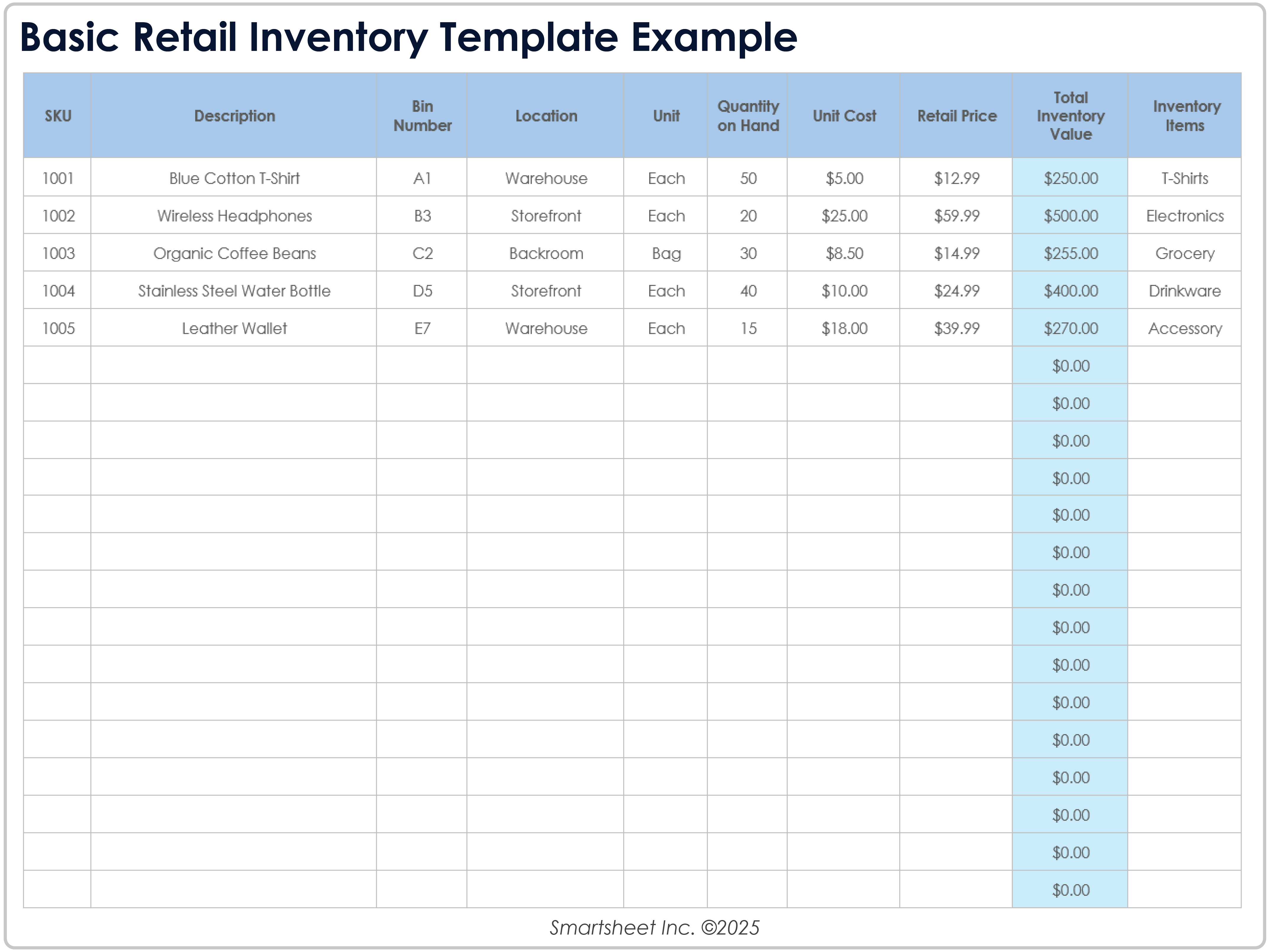 Basic Retail Inventory Template Example