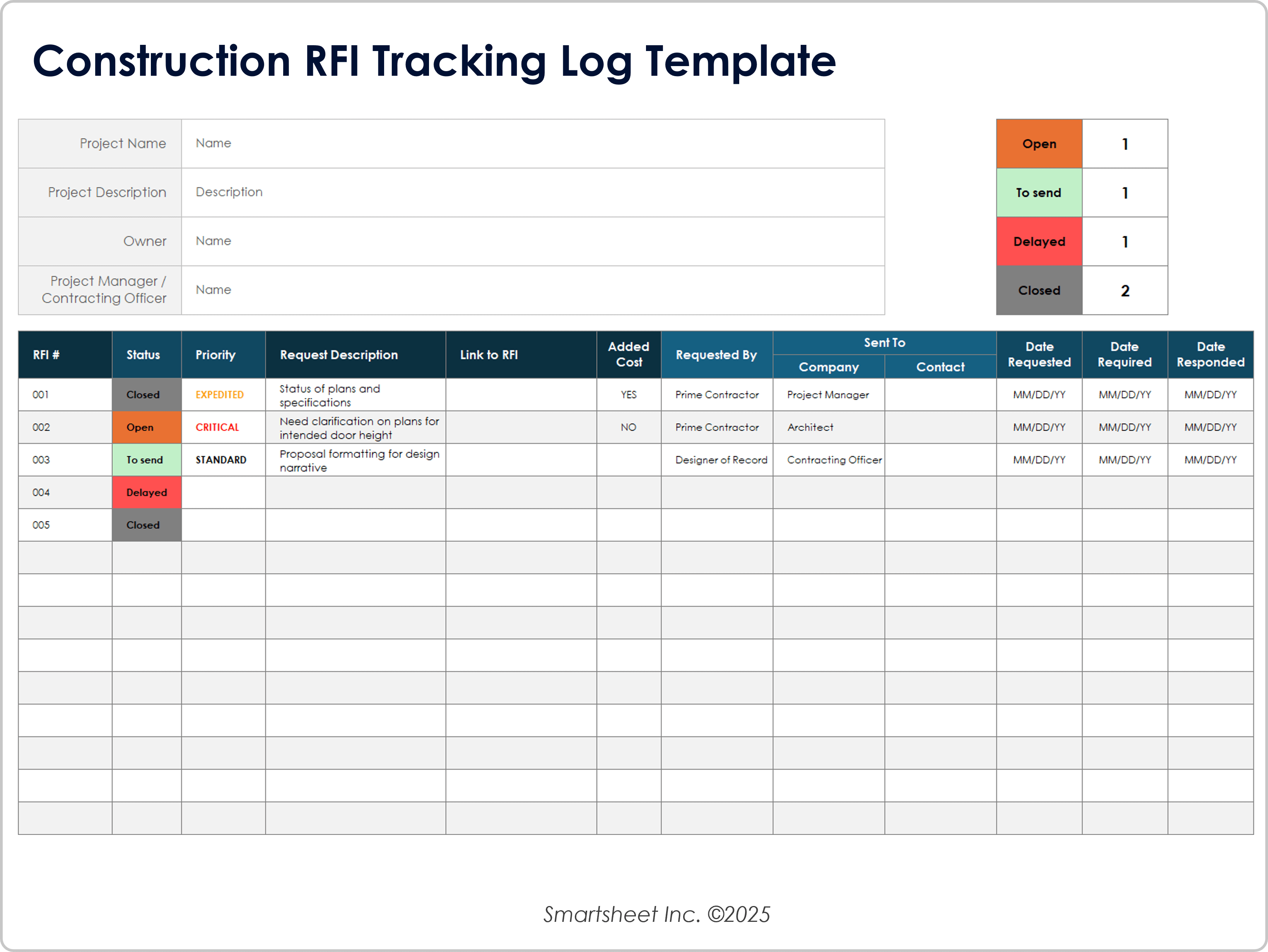 Construction RFI Tracking Log Template