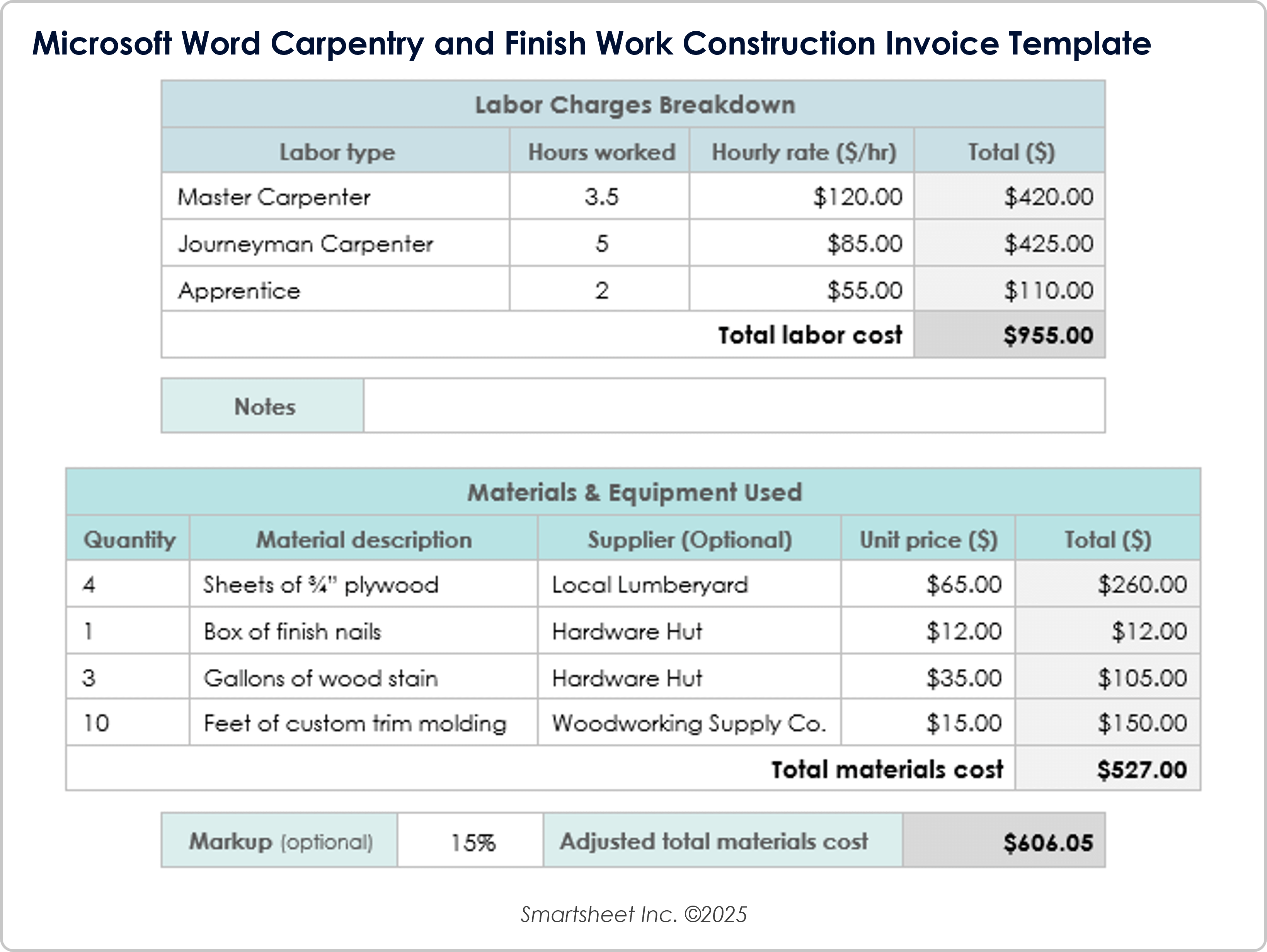 Microsoft Word Carpentry and Finish Work Construction Invoice Template