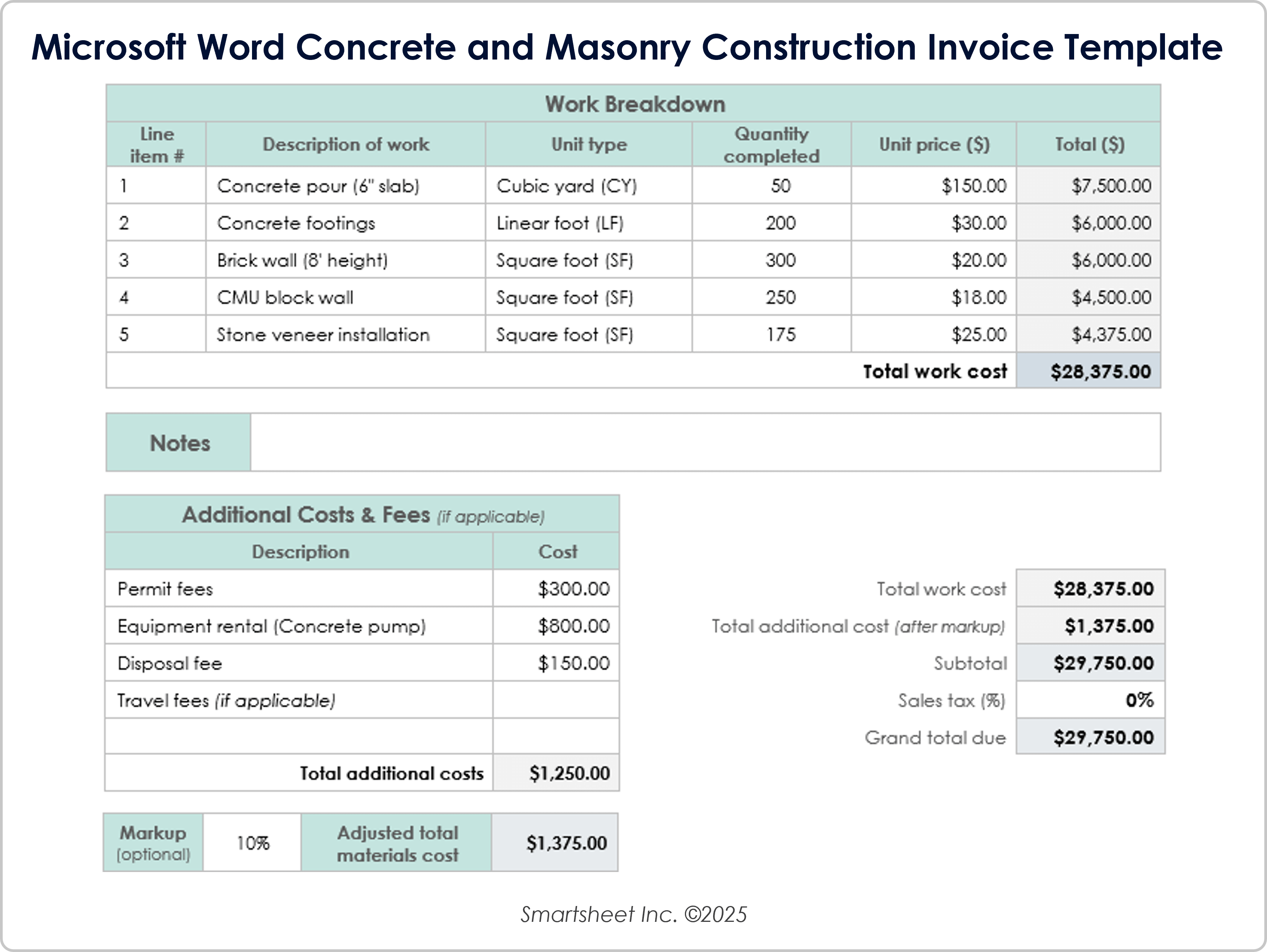 Microsoft Word Concrete and Masonry Construction Invoice Template