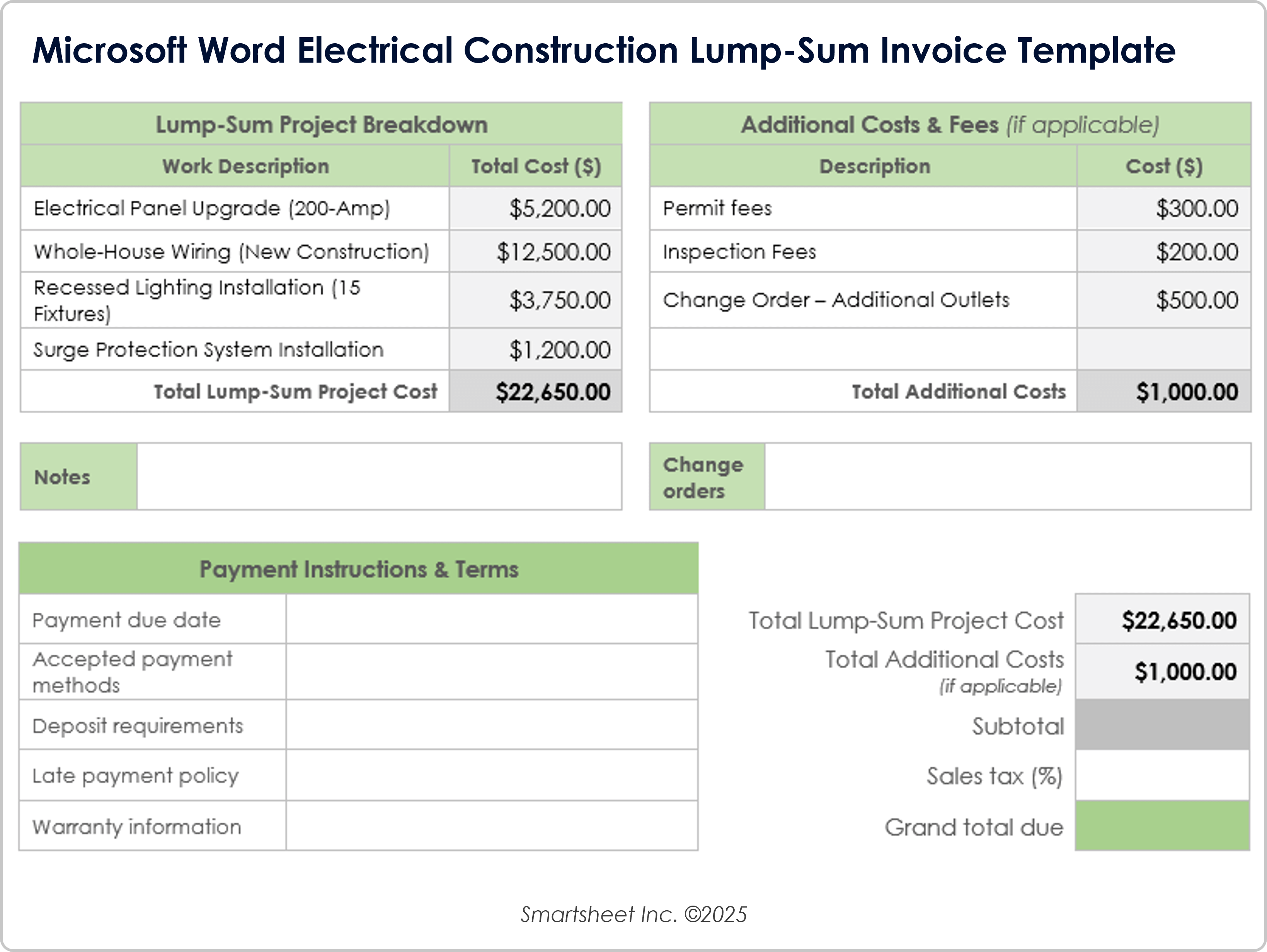 Microsoft Word Electrical Construction Lump Sum Invoice Template