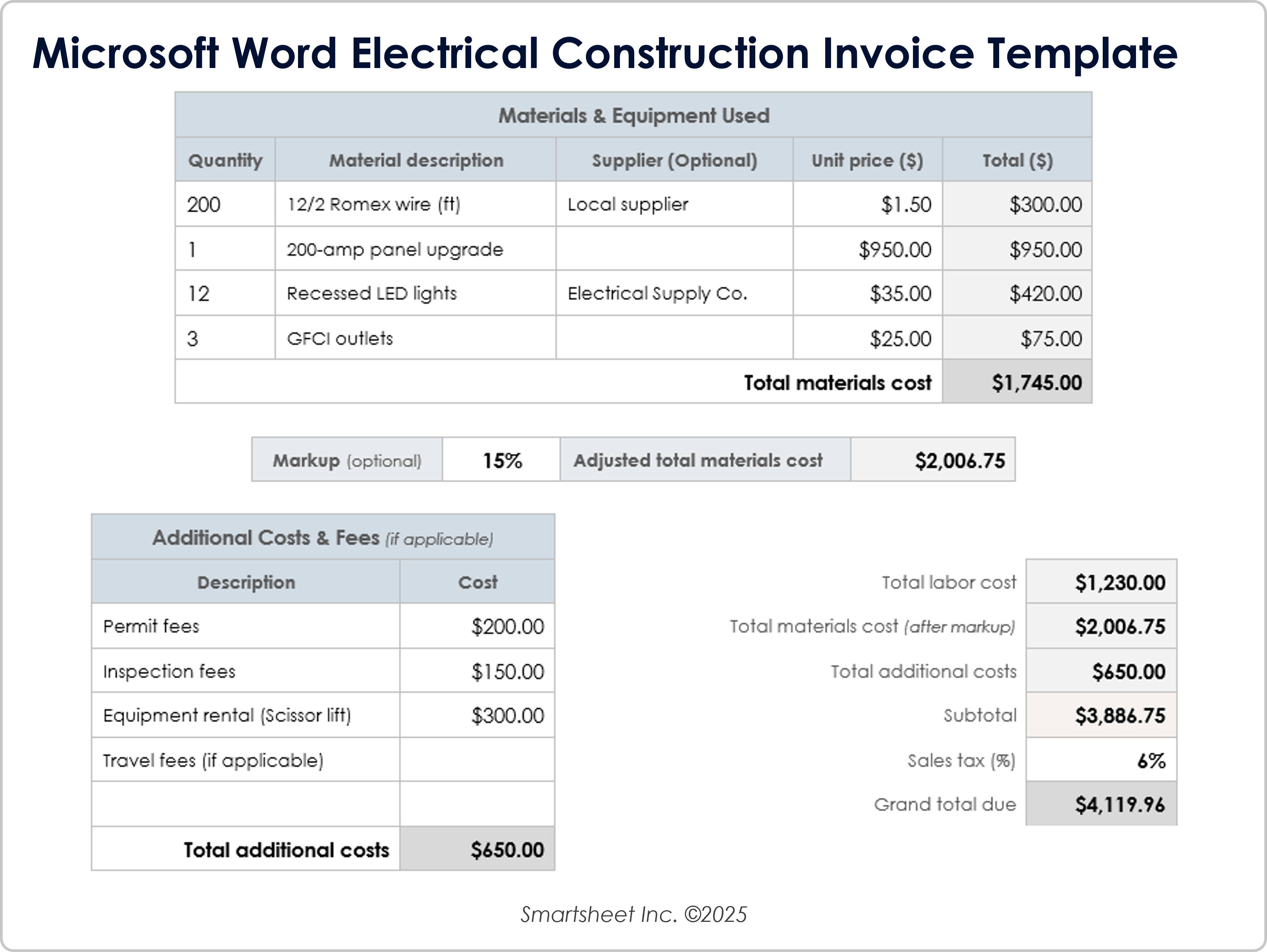 Microsoft Word Electrical Construction Time and Materials Invoice Template