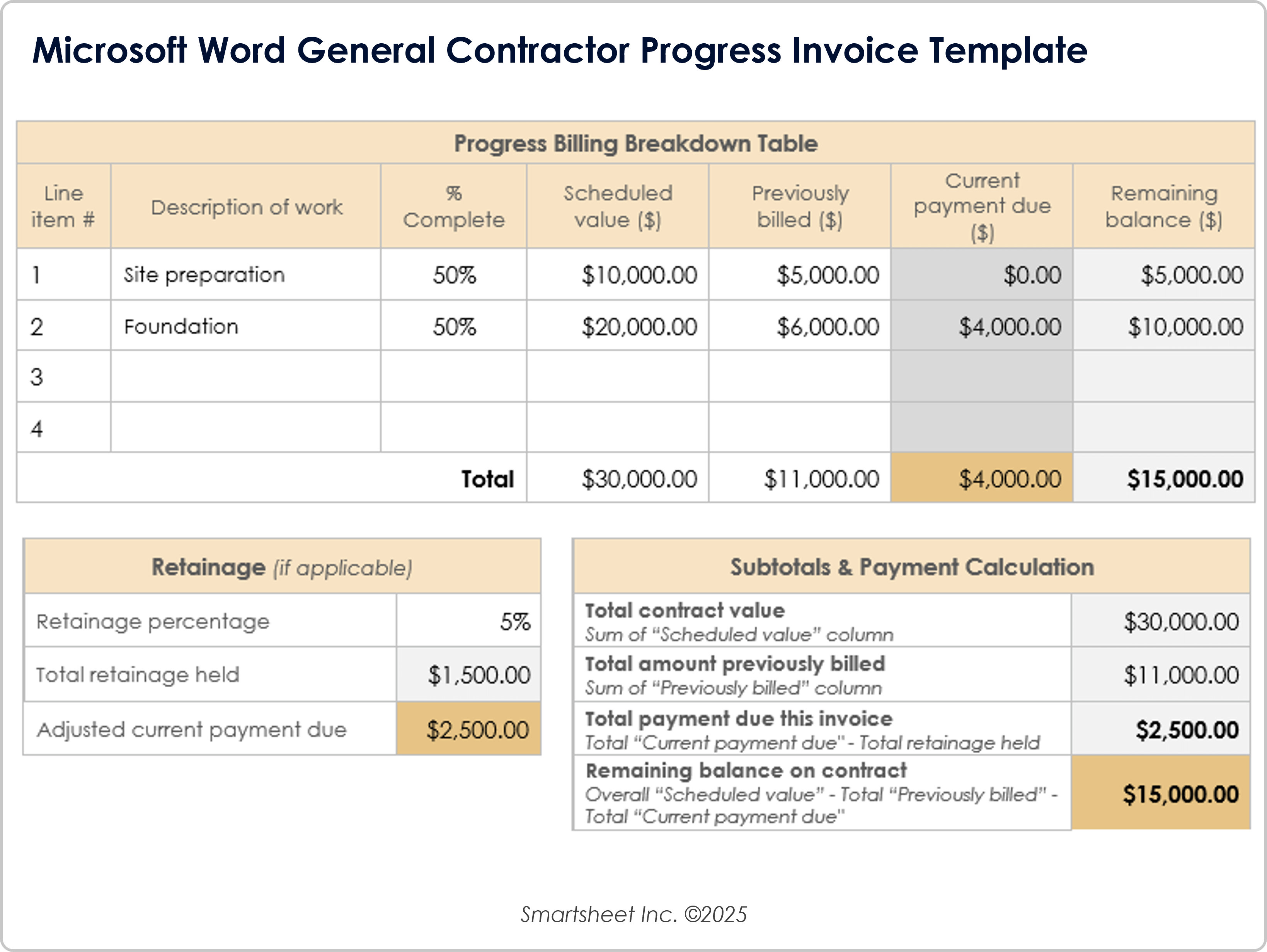 Microsoft Word General Contractor Progress Invoice Template