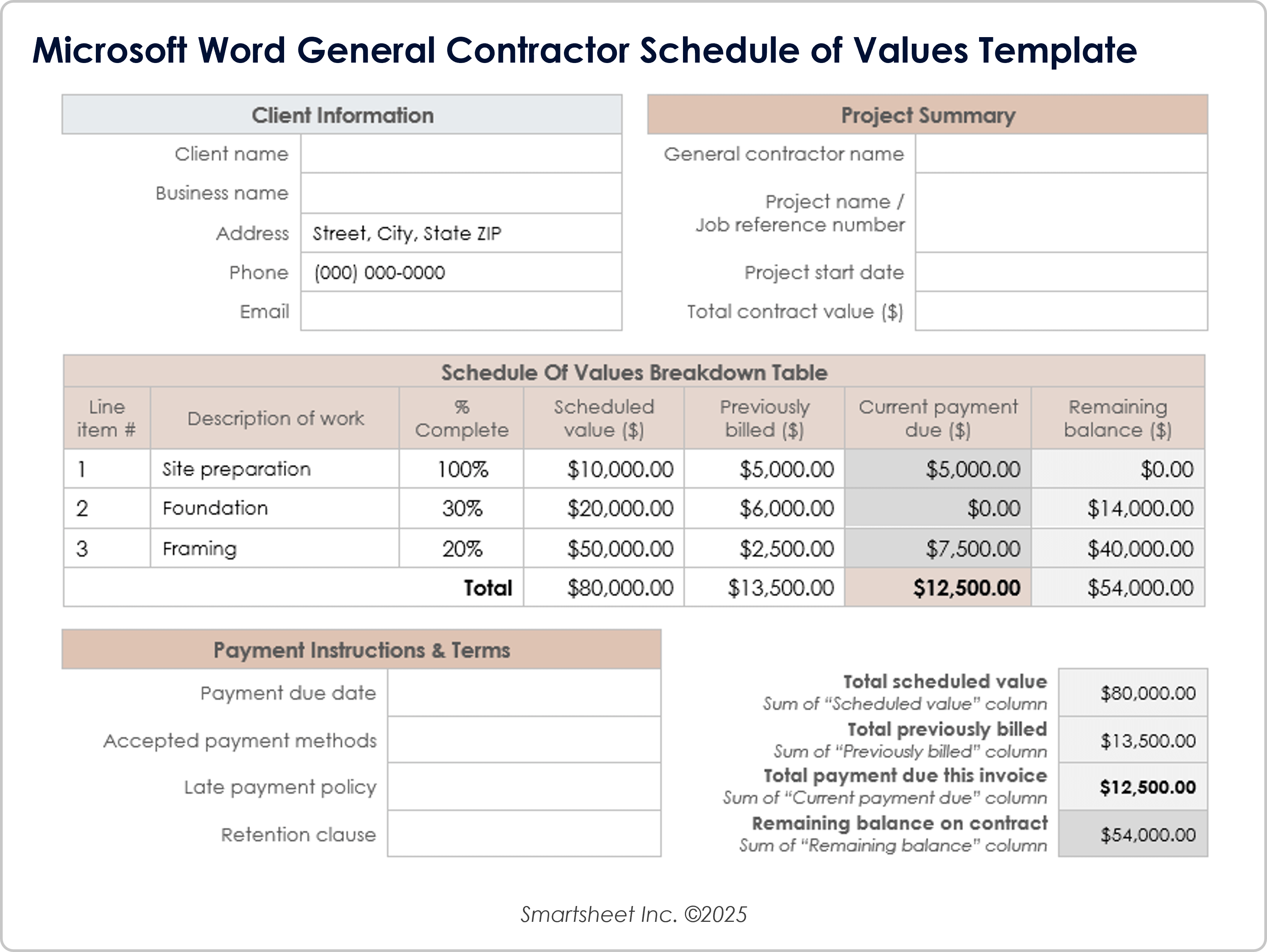Microsoft Word General Contractor Schedule of Values Template