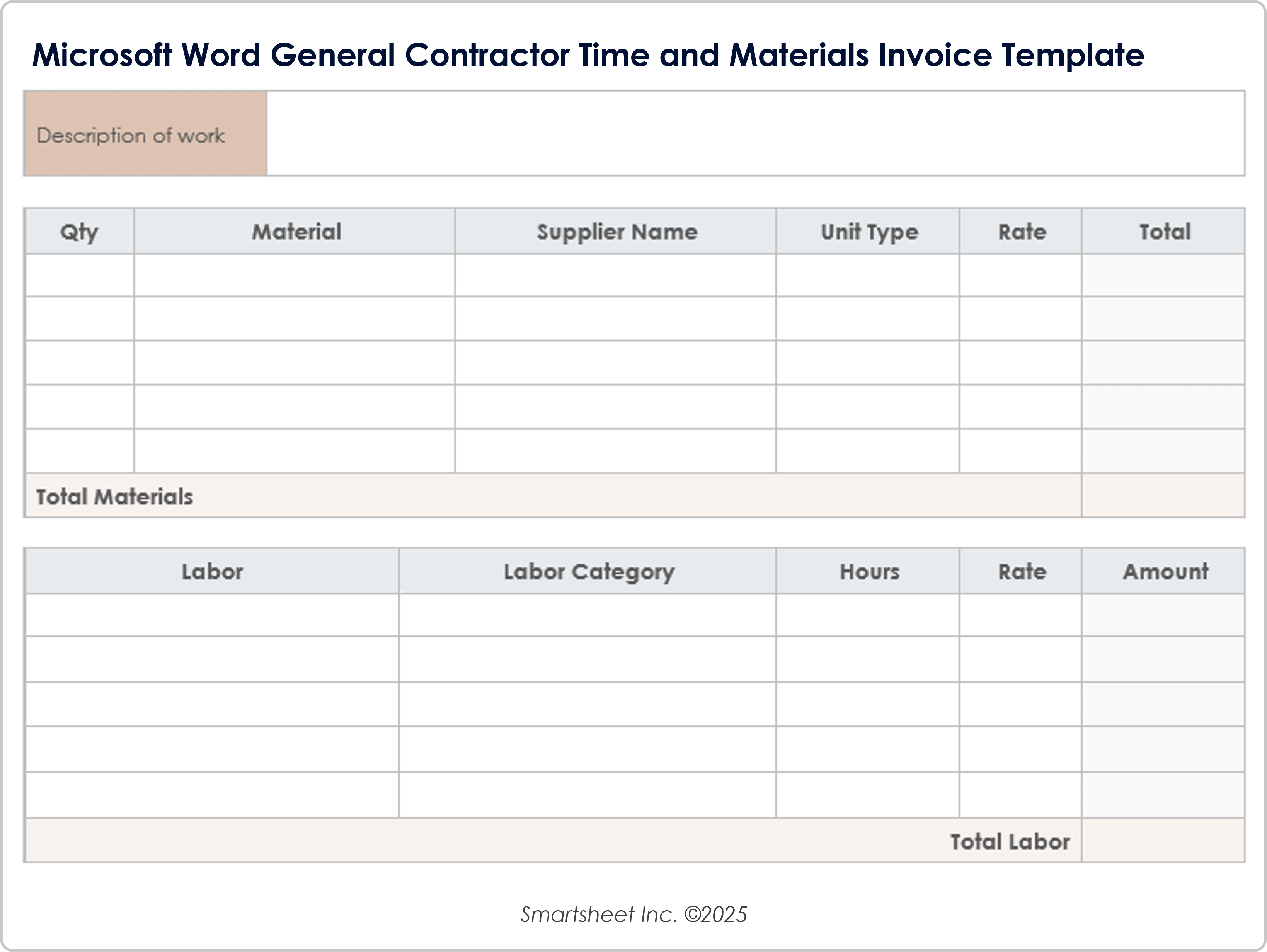 Microsoft Word General Contractor Time and Materials Invoice Template