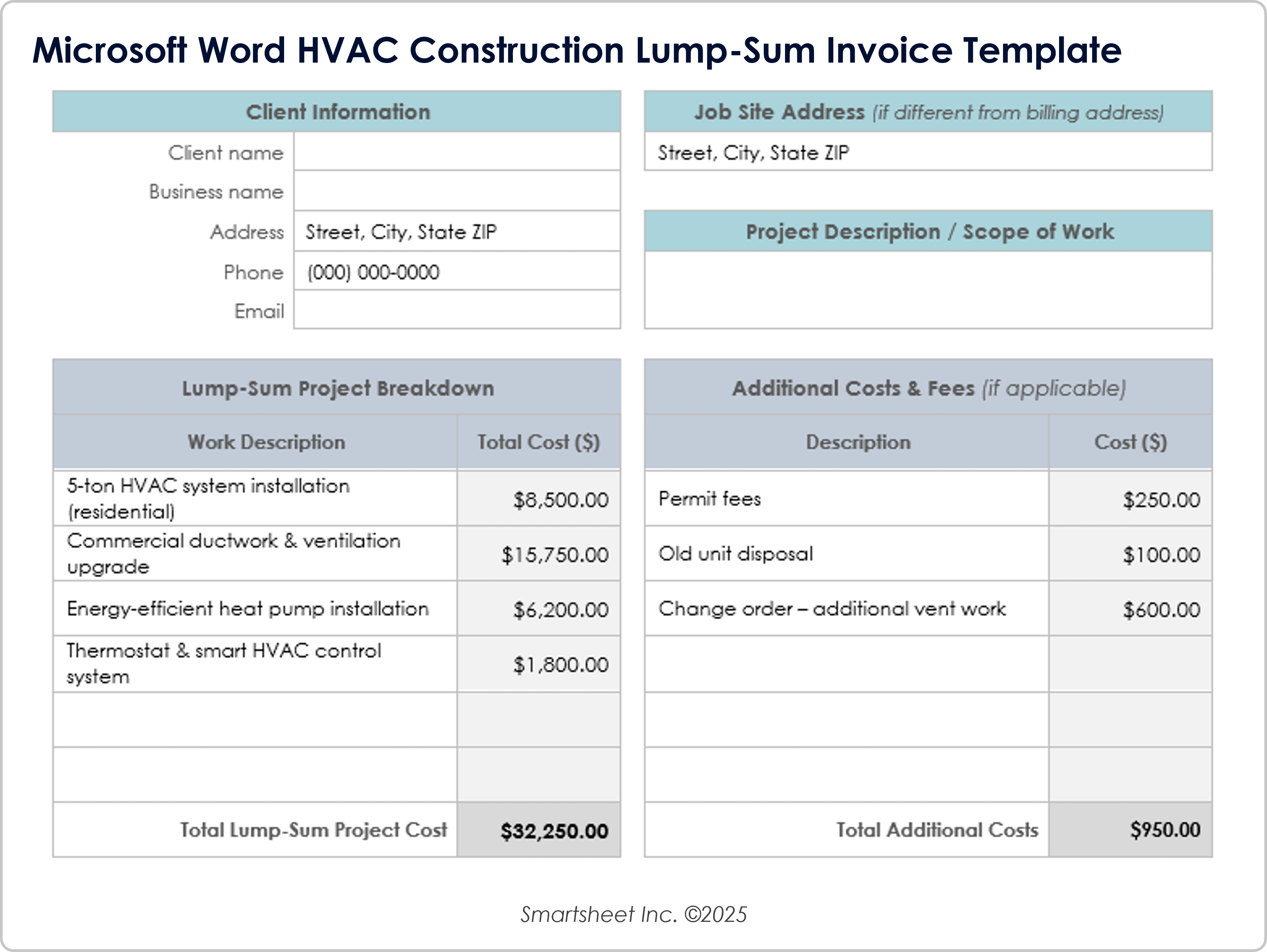 Microsoft Word HVAC Construction Lump Sum Invoice Template