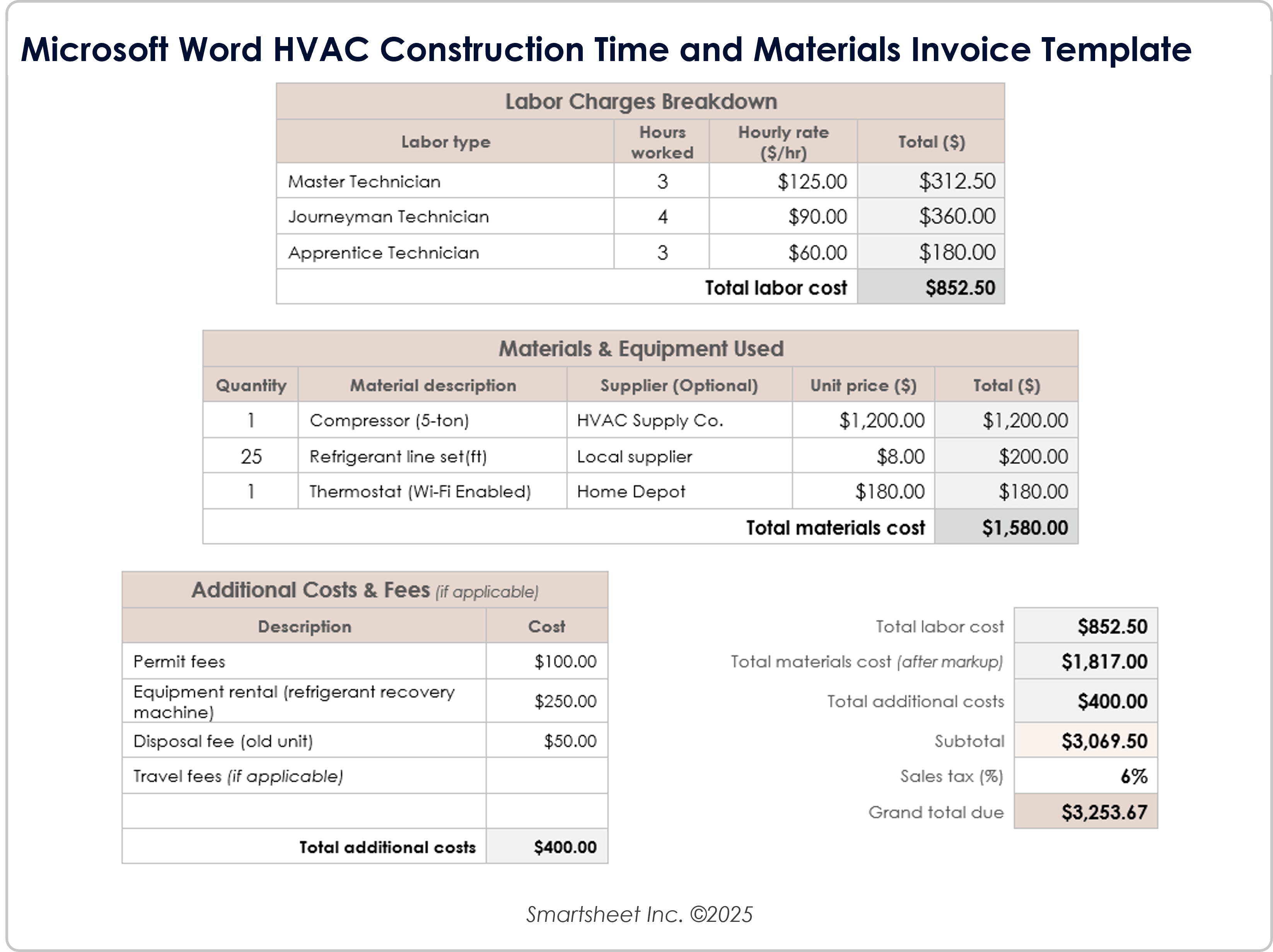 Microsoft Word HVAC Construction Time and Materials Invoice Template