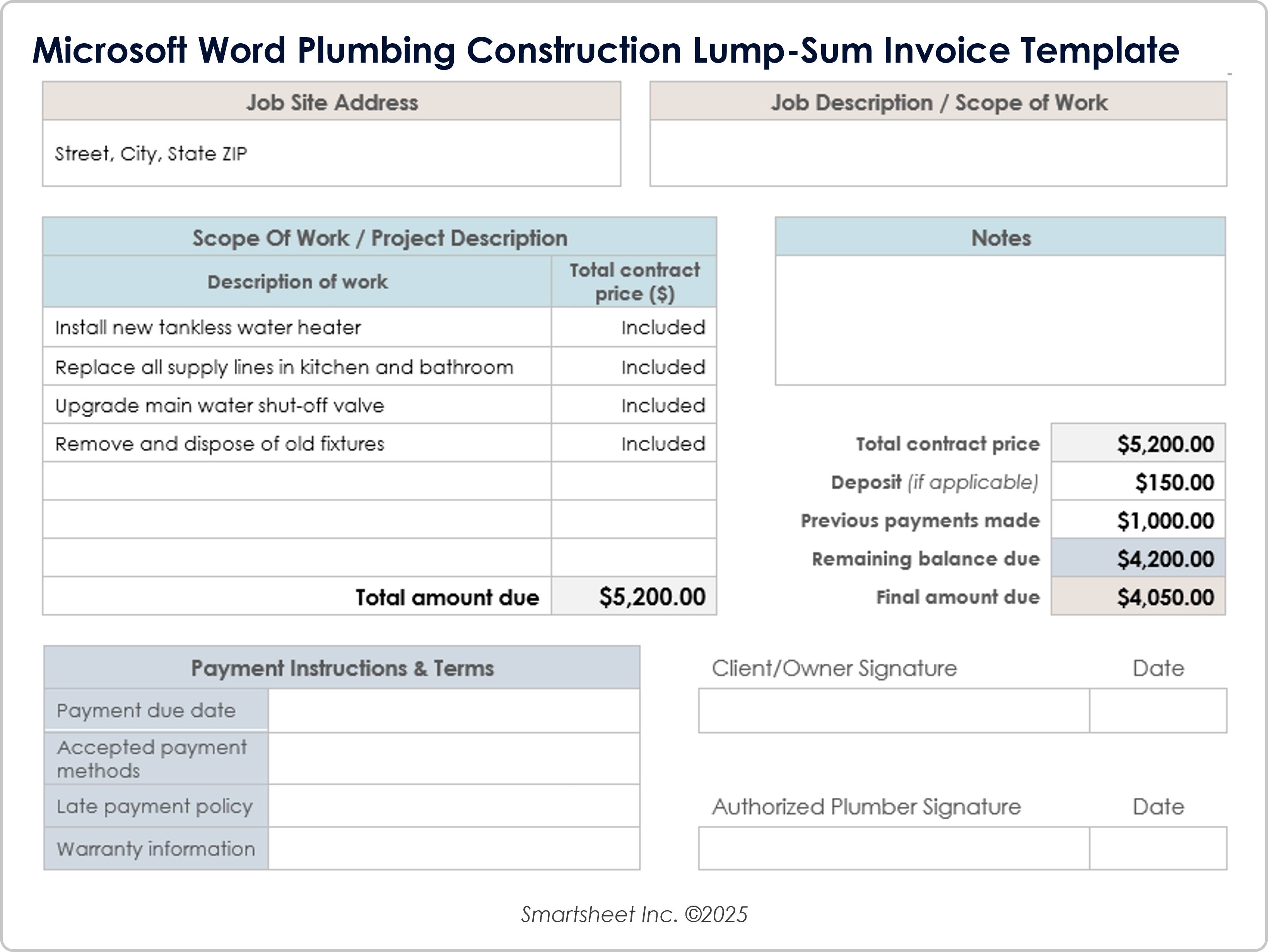 Microsoft Word Plumbing Construction Lump Sum Invoice Template