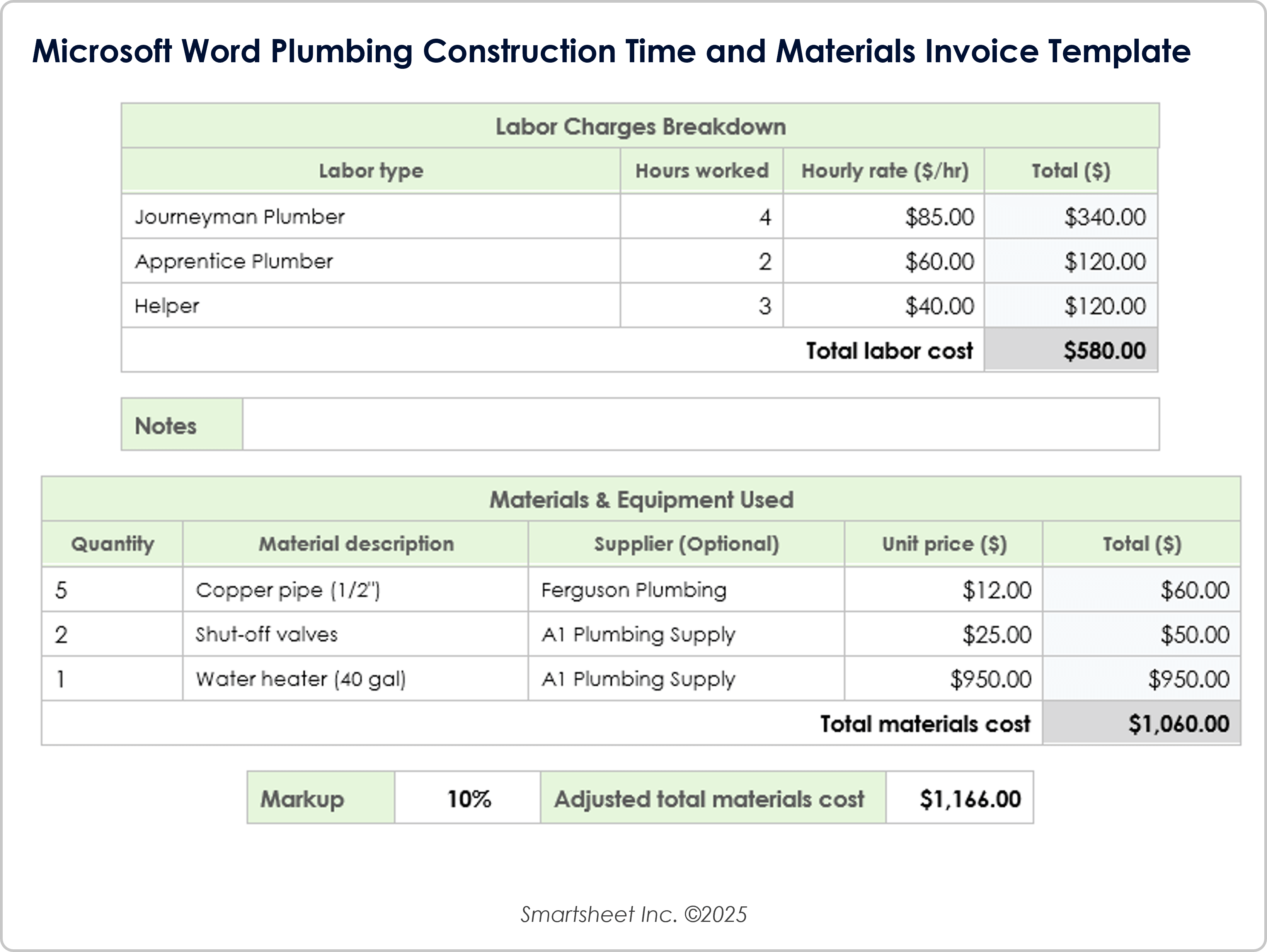 Microsoft Word Plumbing Construction Time and Materials Invoice Template