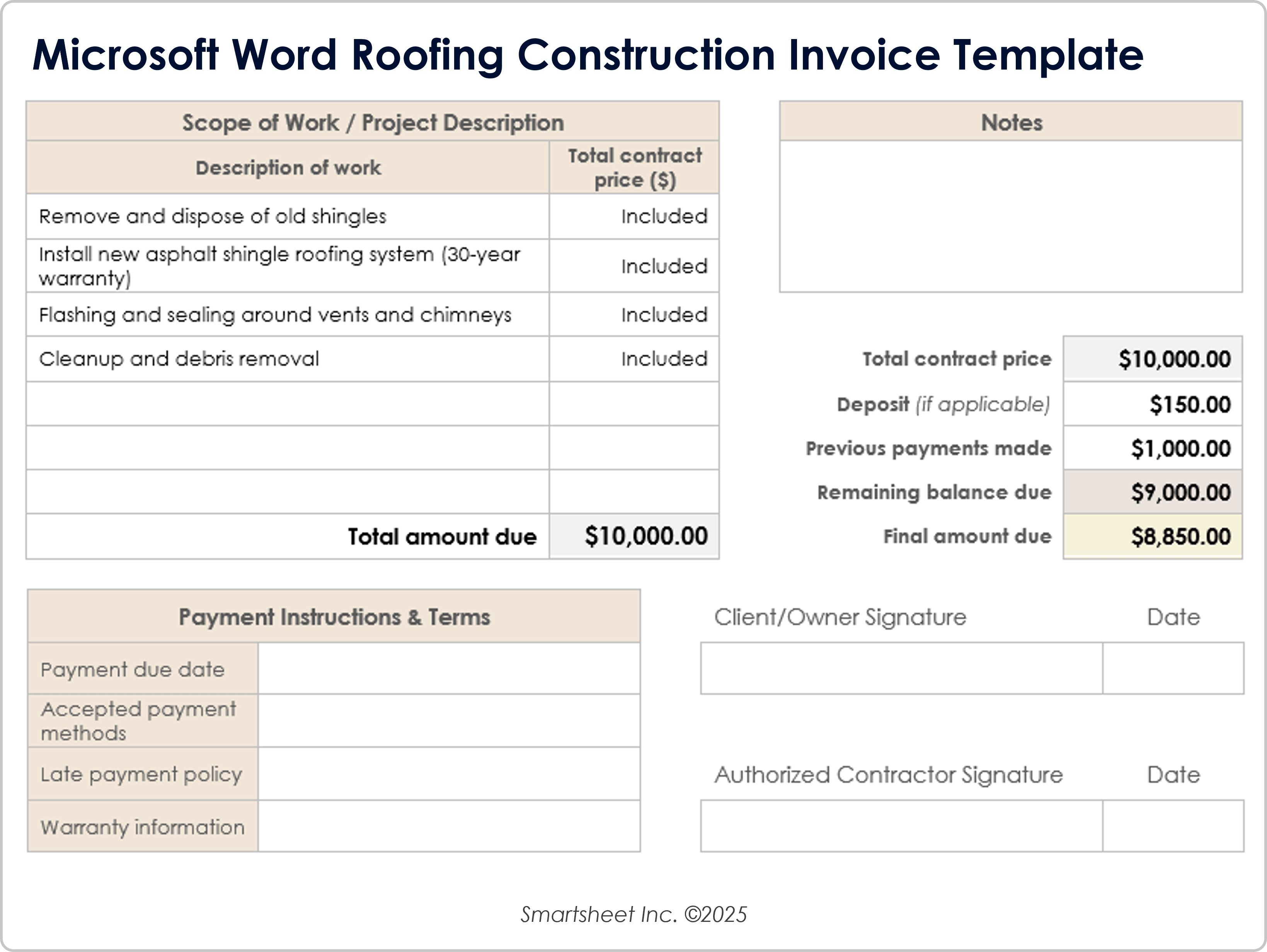 Microsoft Word Roofing Construction Invoice Template
