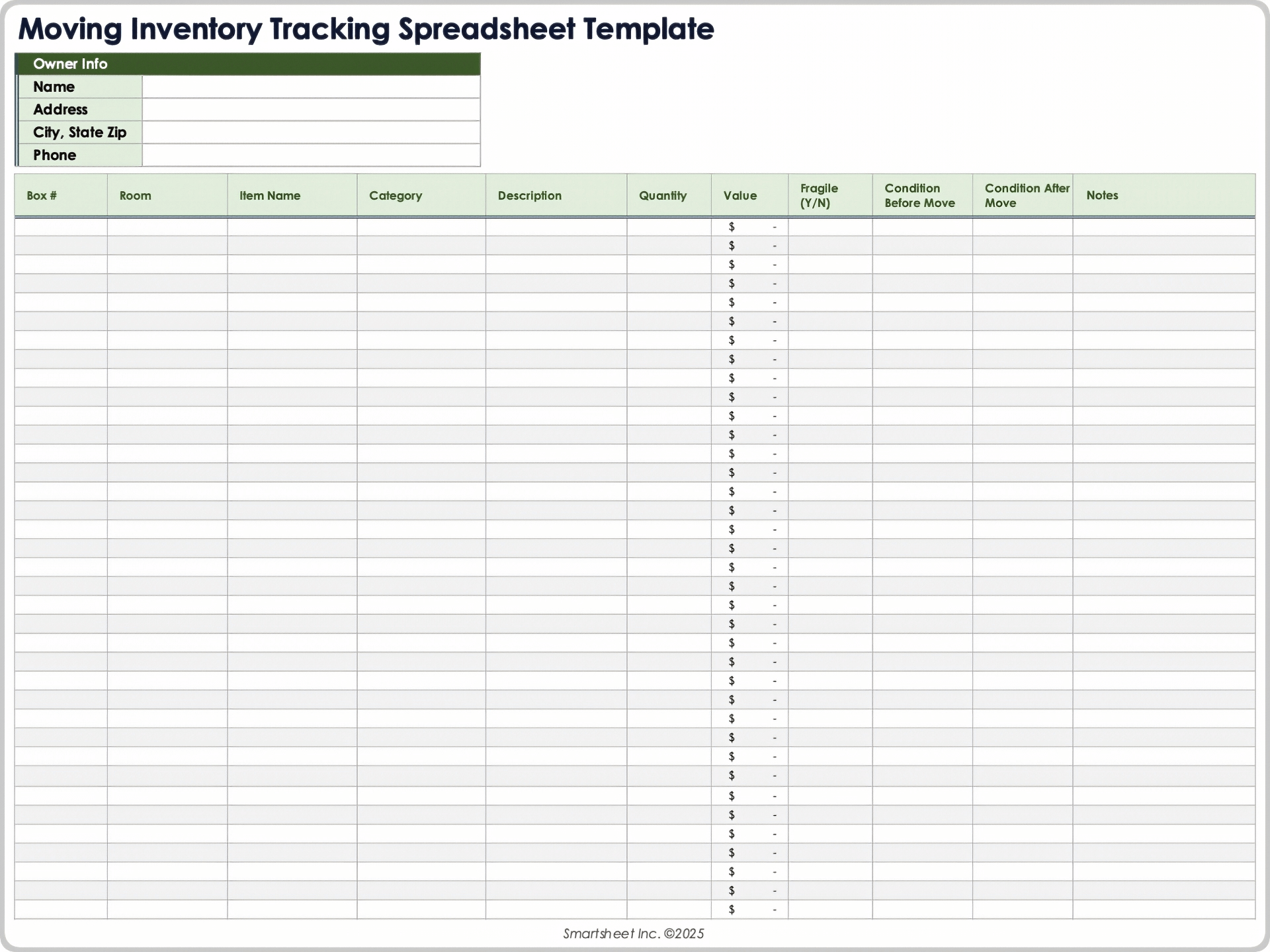 Moving Inventory Tracking Spreadsheet Template