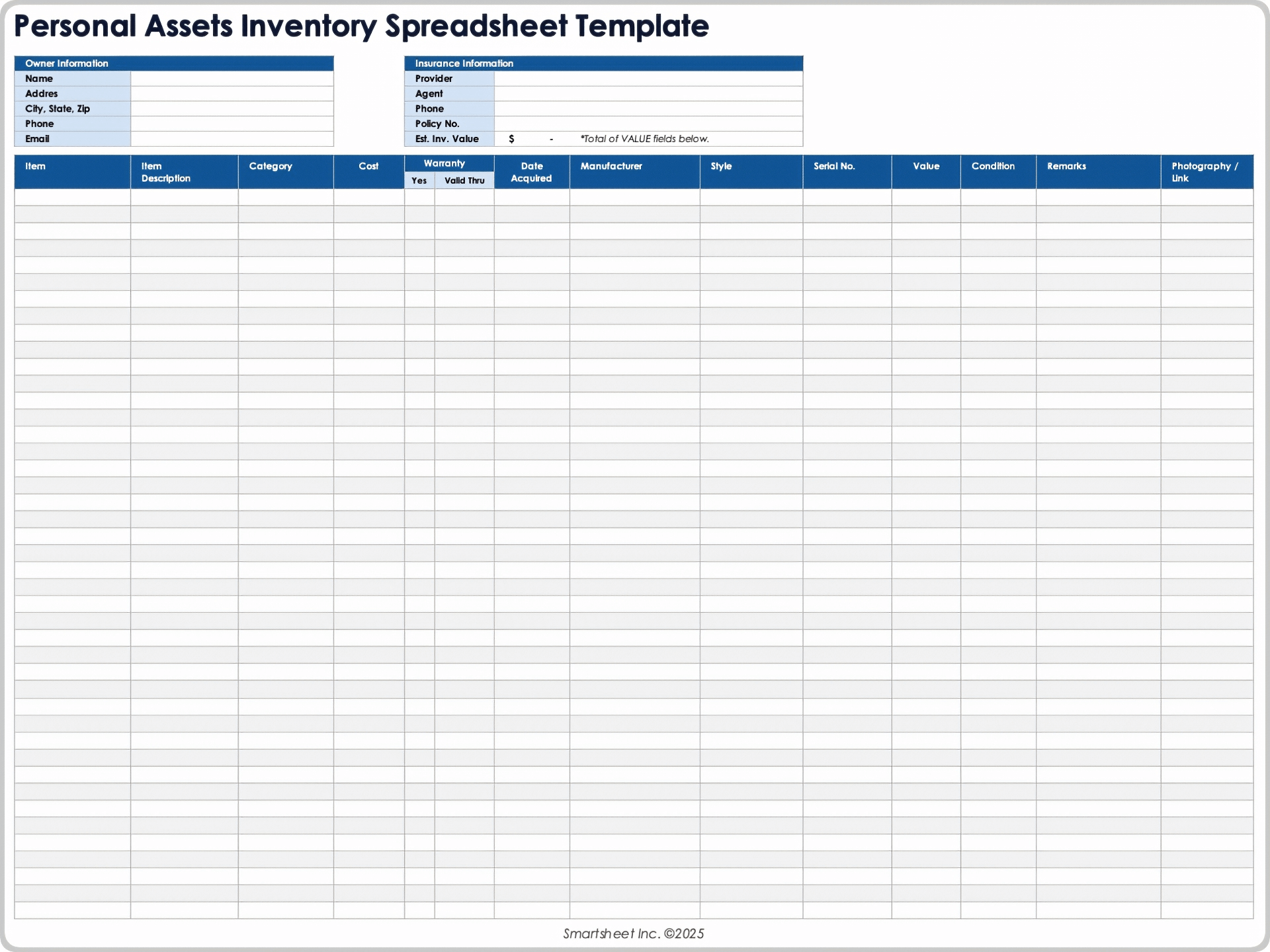 Personal Assets Inventory Spreadsheet Template