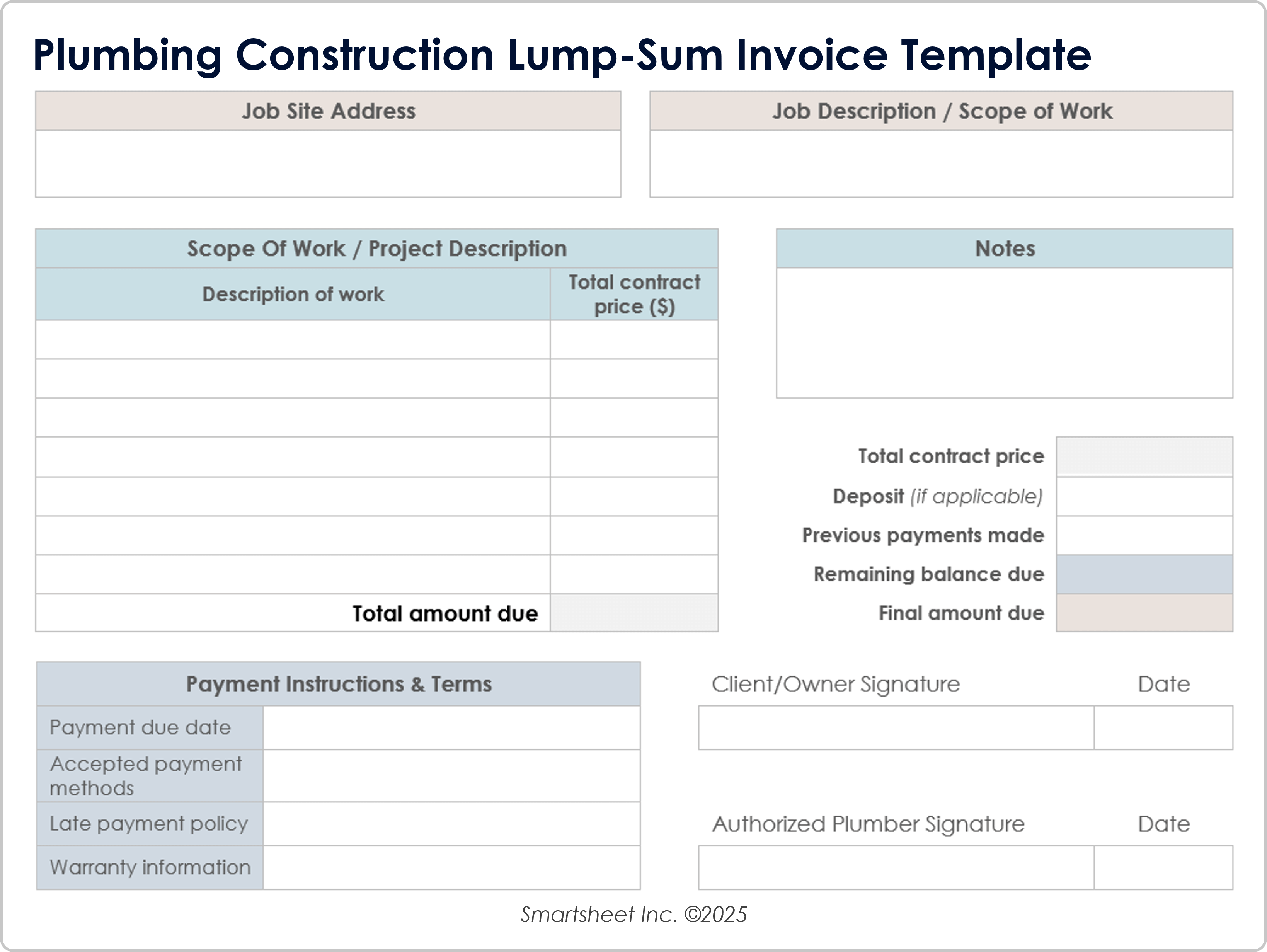 Plumbing Construction Lump Sum Invoice Template