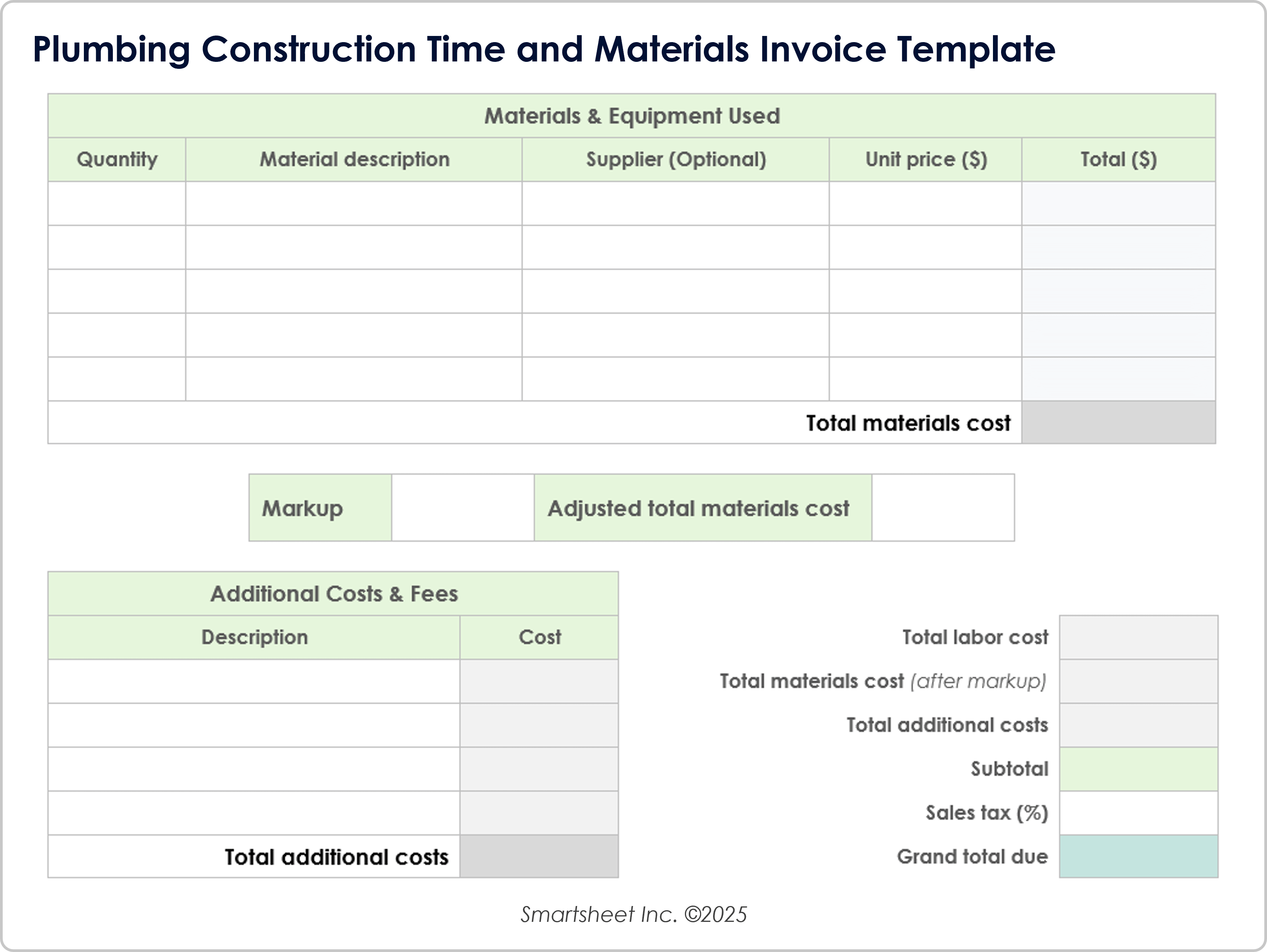 Plumbing Construction Time and Materials Invoice Template