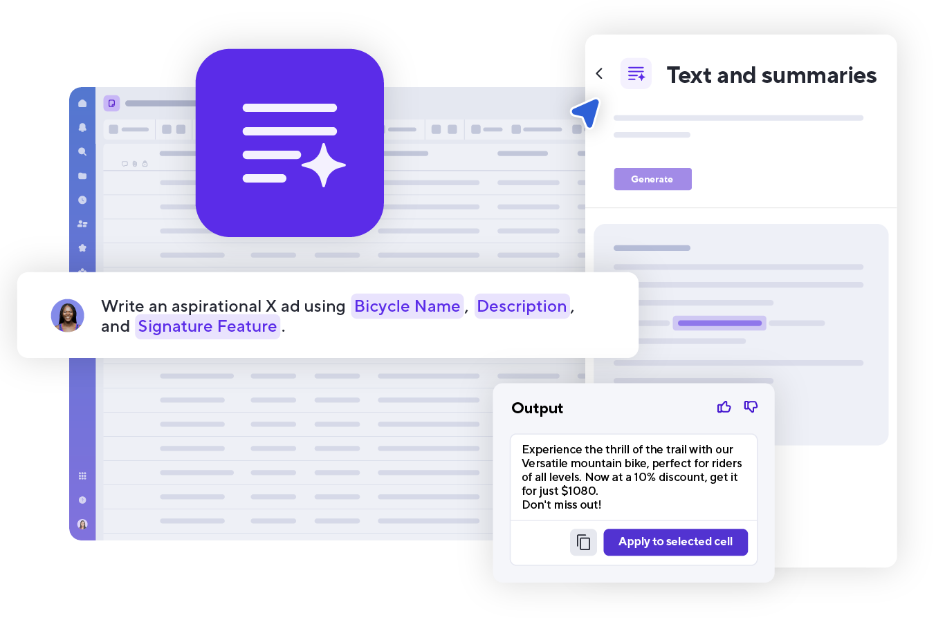 Text and summaries product screen