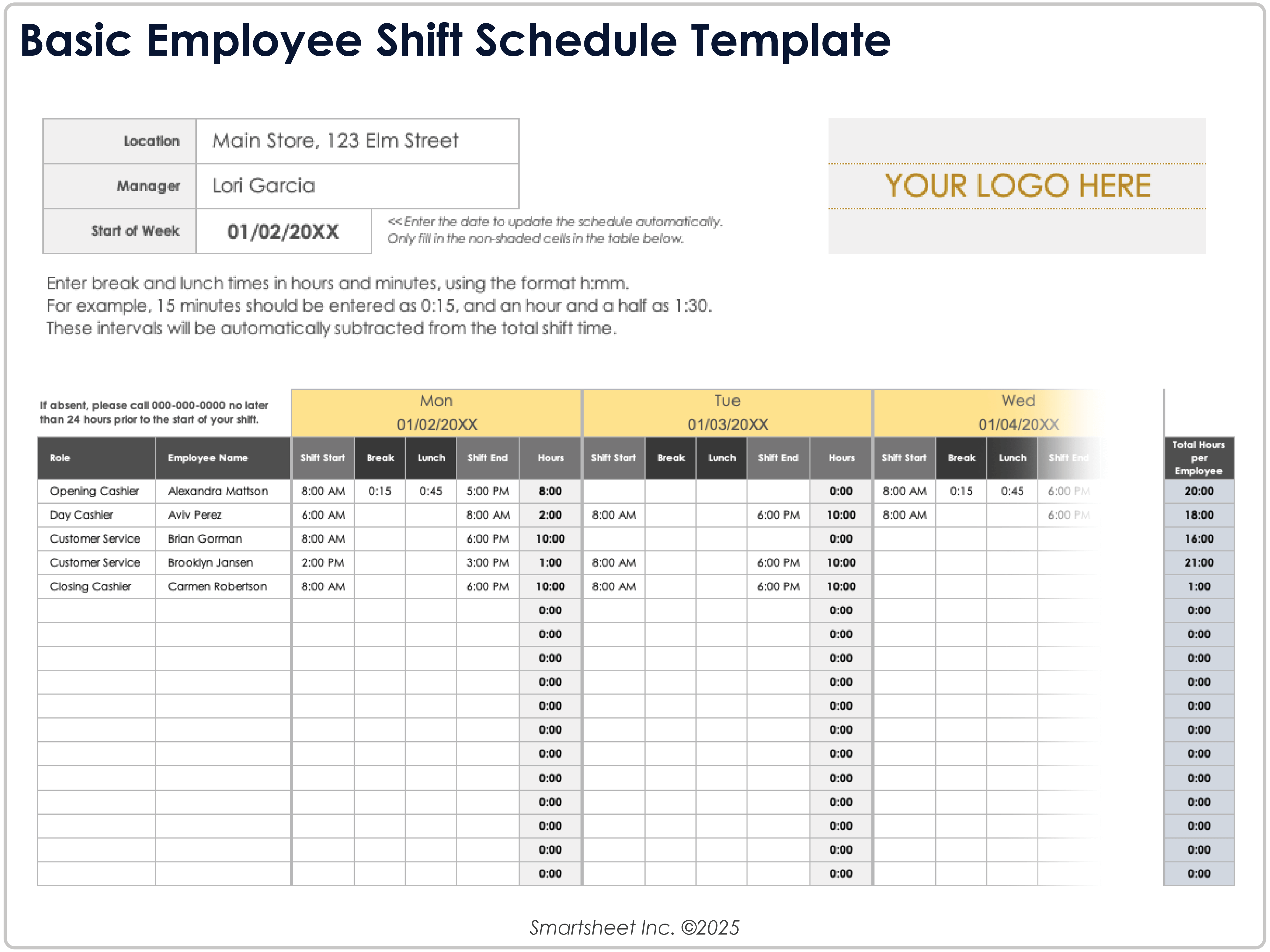 Basic Employee Shift Schedule Template