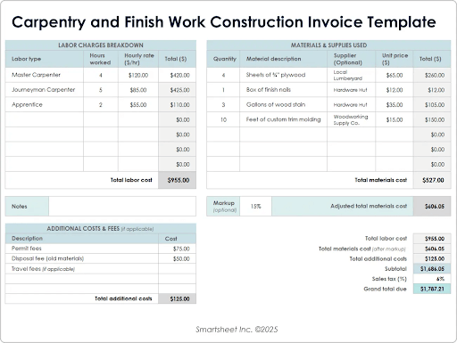 Carpentry and Finish Work Construction Invoice Template