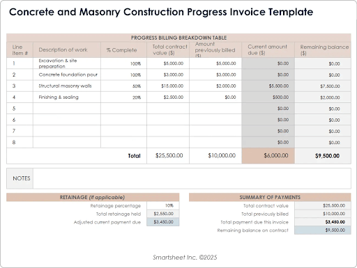 Concrete and Masonry Construction Progress Invoice Template