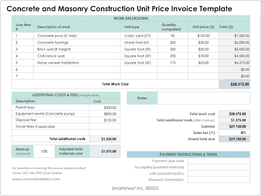 Concrete and Masonry Construction Unit Price Invoice Template